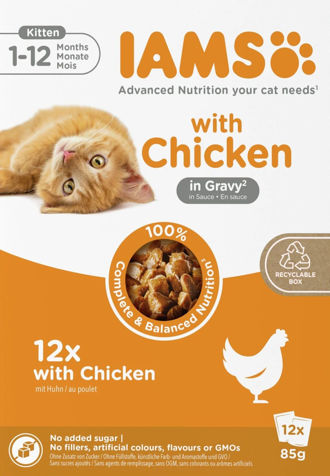 IAMS Advanced Nutrition Alimento húmedo en Salsa, para Gatitos con Pollo, 12 x 85g
