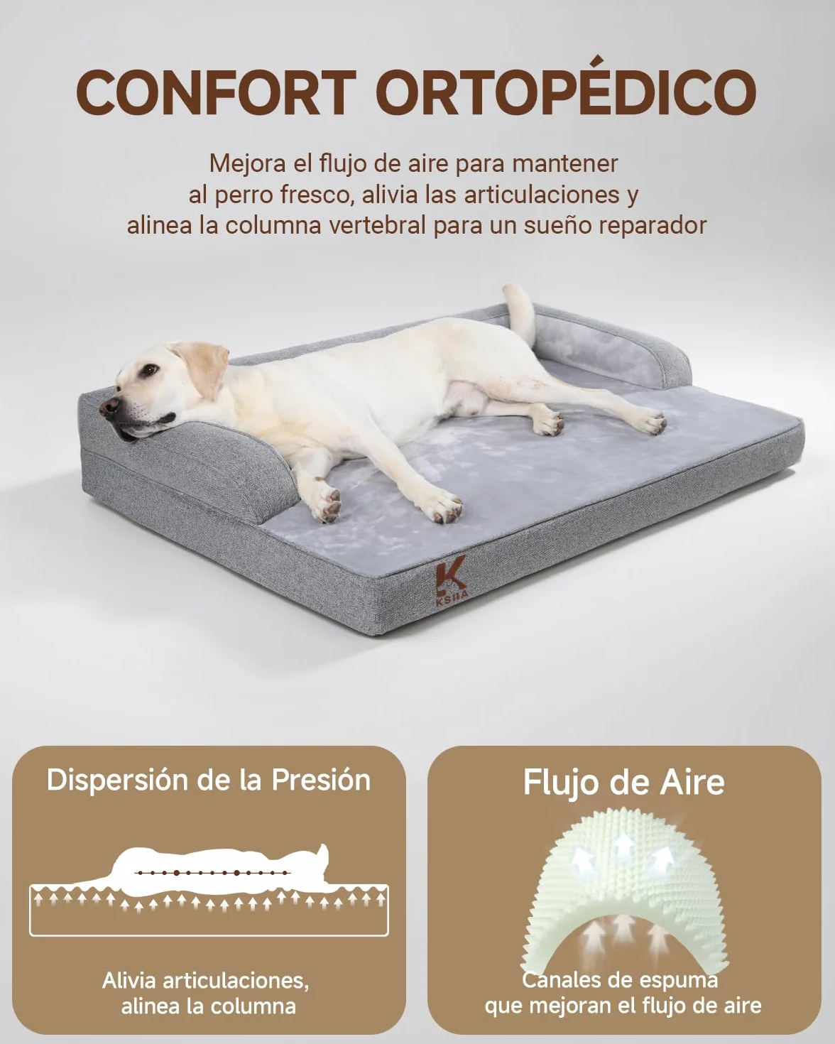 KSIIA Cama ortopédica extragrande para perros XL impermeable con refuerzo en forma de U, funda extraíble lavable y parte inferior antideslizante, gris, 104 x 68 x 17 cm