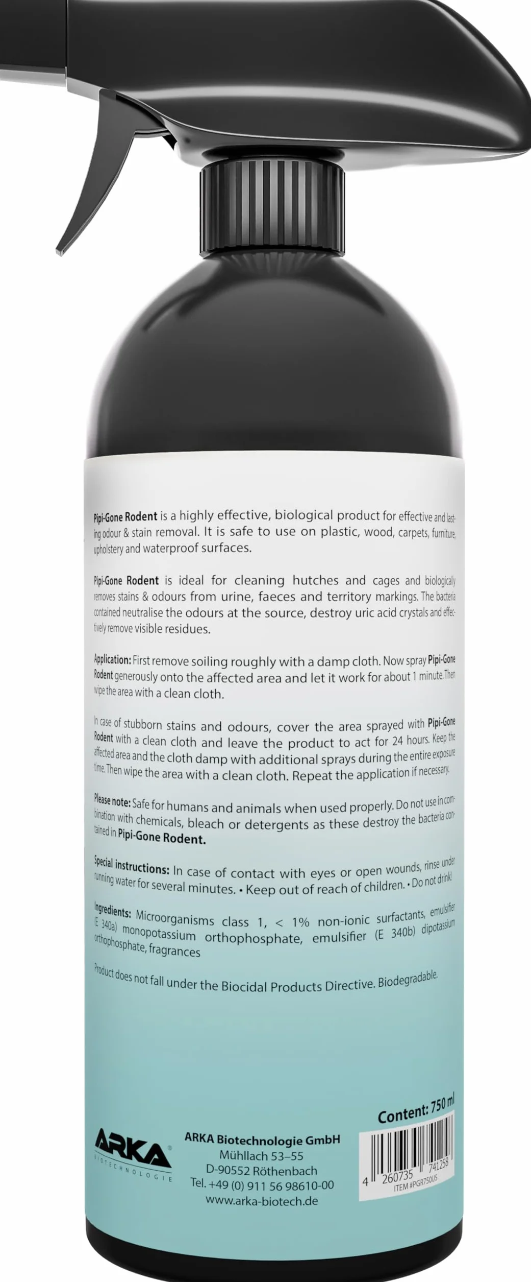 Limpiador jaulas roedores 750 ml – Spray enzimático Pipi-Stop de ARKA – Elimina orina, heces y olores de Animales – biológico, Seguro y eficaz – Ideal para jaulas, Suelos, Esquinas y casetas