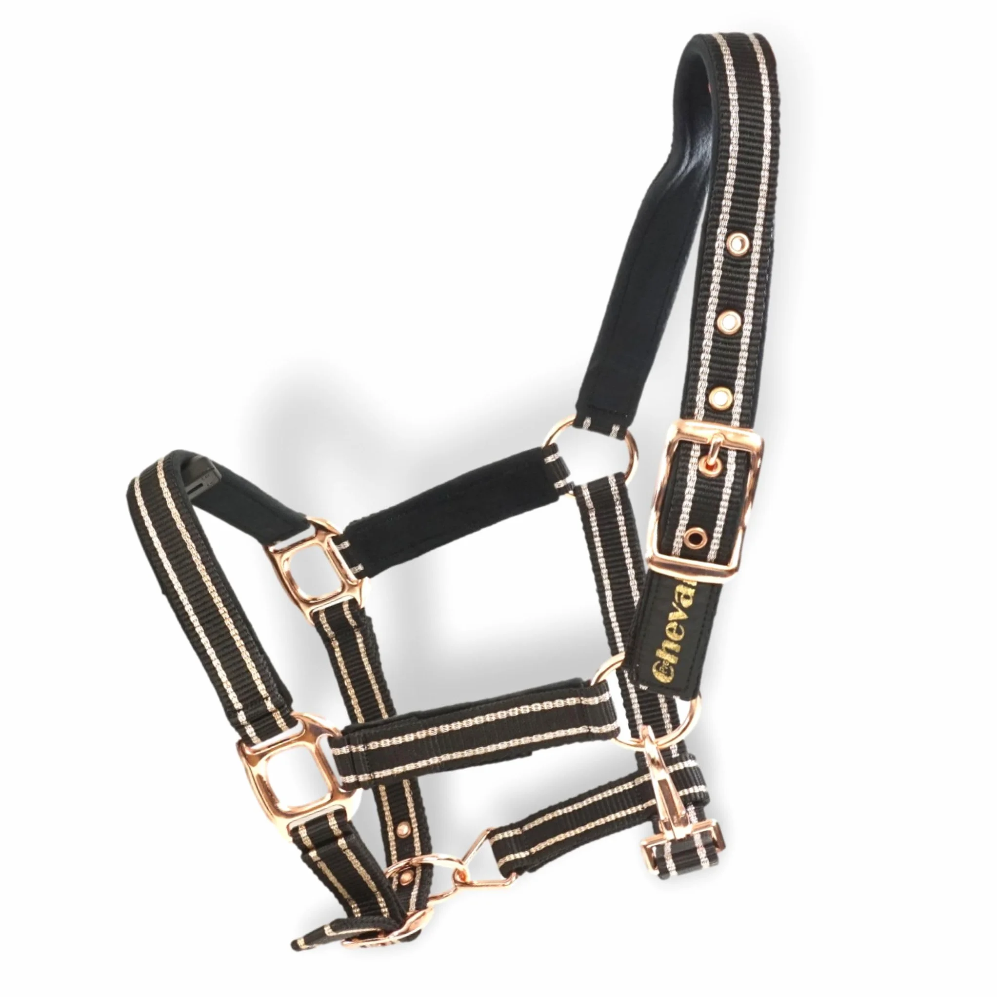 Cabestro para caballos con brillo en color oro rosa, cabestro para caballos en negro y rosa, ajustable en 2 posiciones (Negro oro rosa con cuerda, sangre caliente (completo))