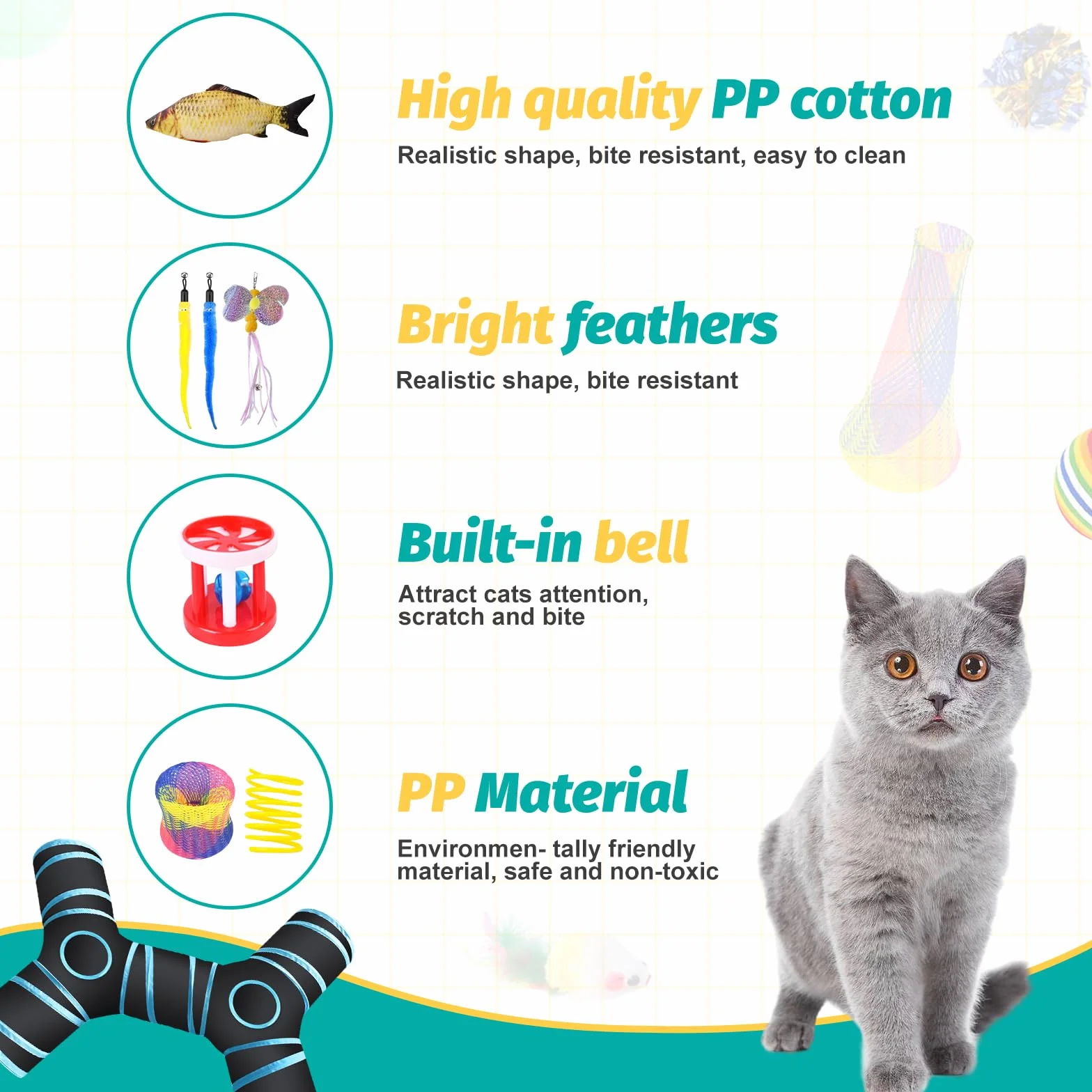 Set de 33 Piezas de Juguetes para Gatos - Túnel, Ratones, Varita de Plumas, Peces - Paquete de Variedad para Gatitos