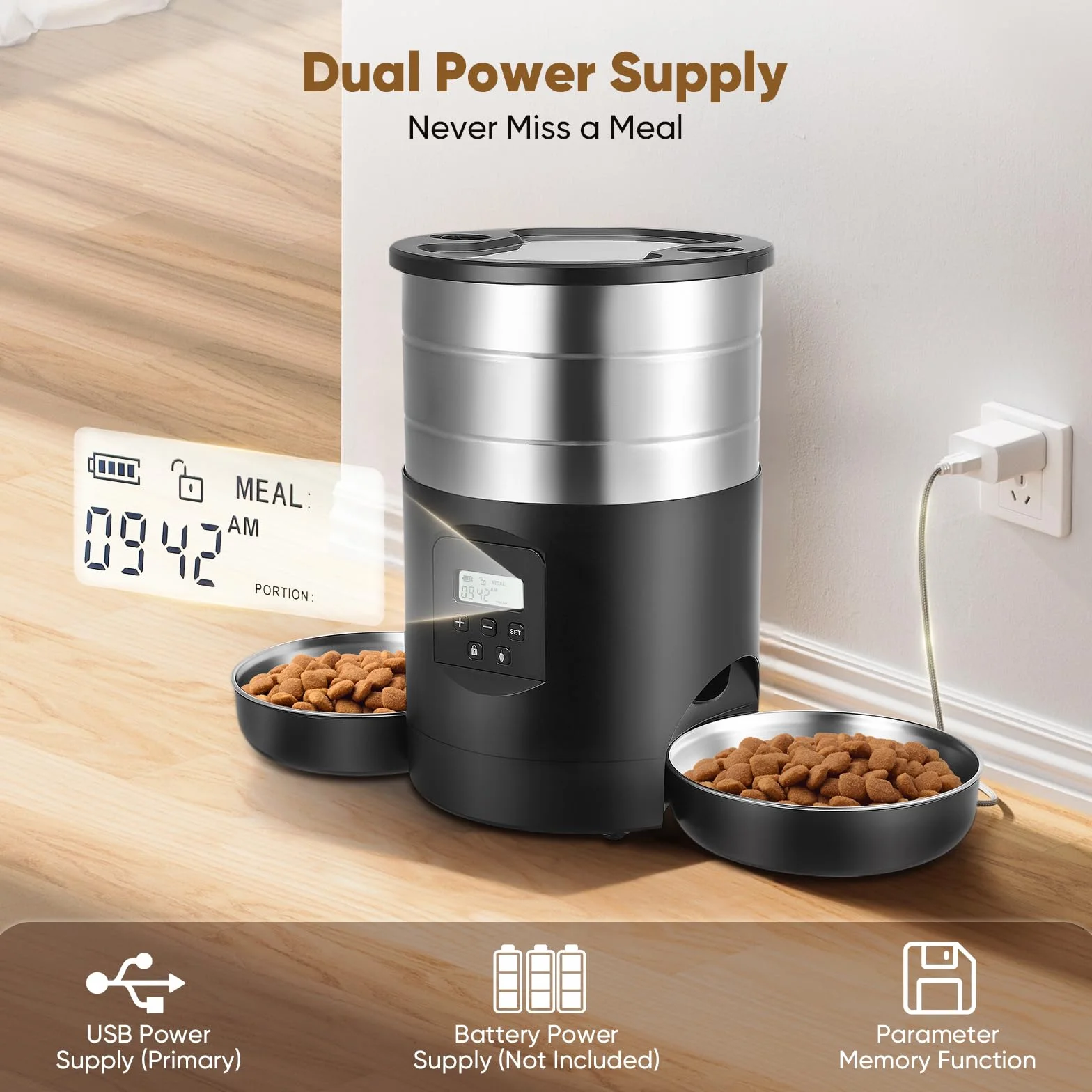 Comedero Automático Gatos 5L con 2 Cuencos, WiFi 2.4G & App Temporizador, Dobles Cuencos Interior Comedero Inteligente, Alimentación Doble con Control de Botones