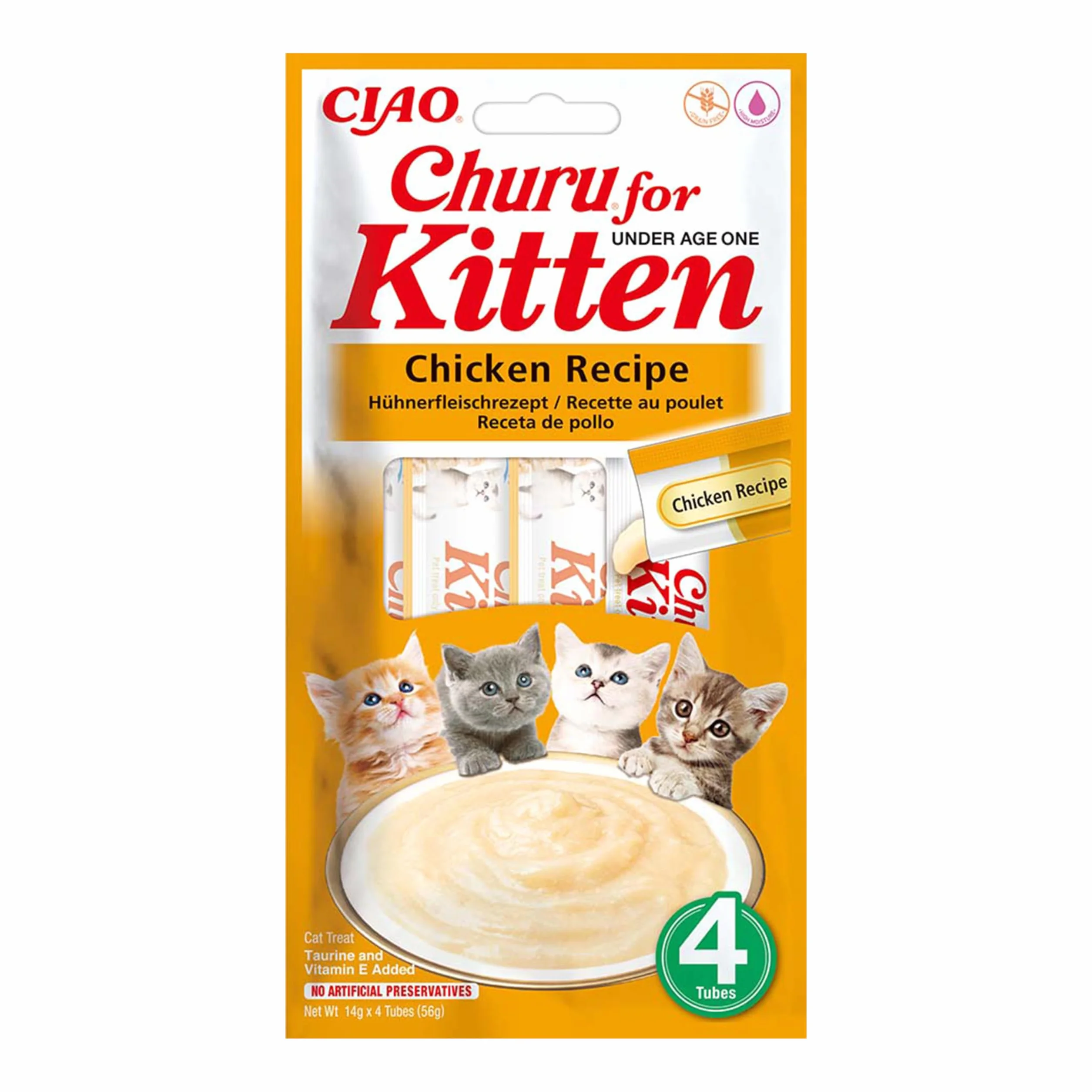 INABA Churu Kitten Gatos - Receta de Pollo - Golosinas Saludables y Naturales para Gatitos Jóvenes Menores de 12 Meses - Alto Contenido en Humedad, Textura Suave y Deliciosa - 56g (4x14g)