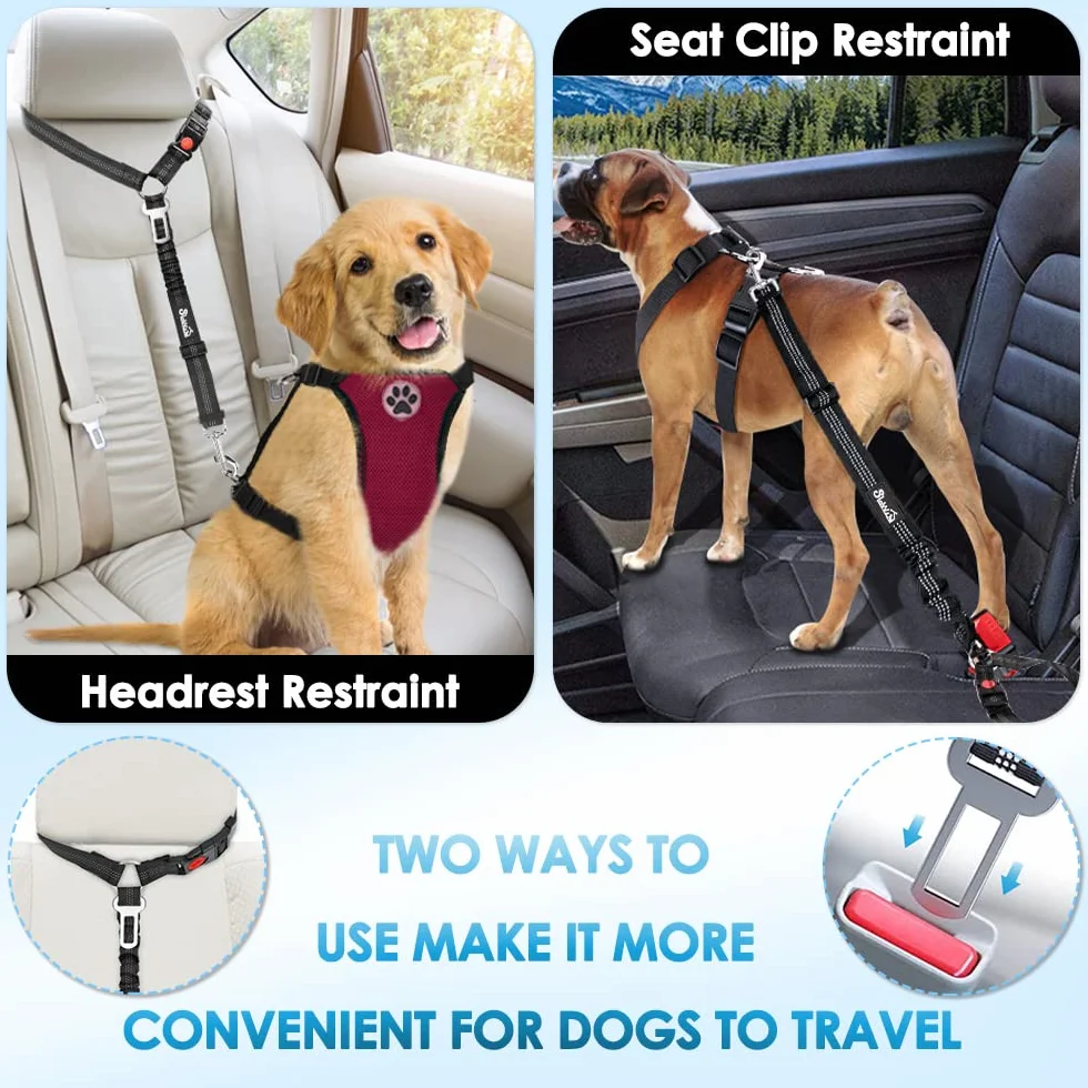 SlowTon Cinturón de seguridad para perro, 2 unidades, arnés de seguridad ajustable con amortiguador elástico elástico, correa de coche 2 en 1 para mascotas, reposacabezas reflectante (negro