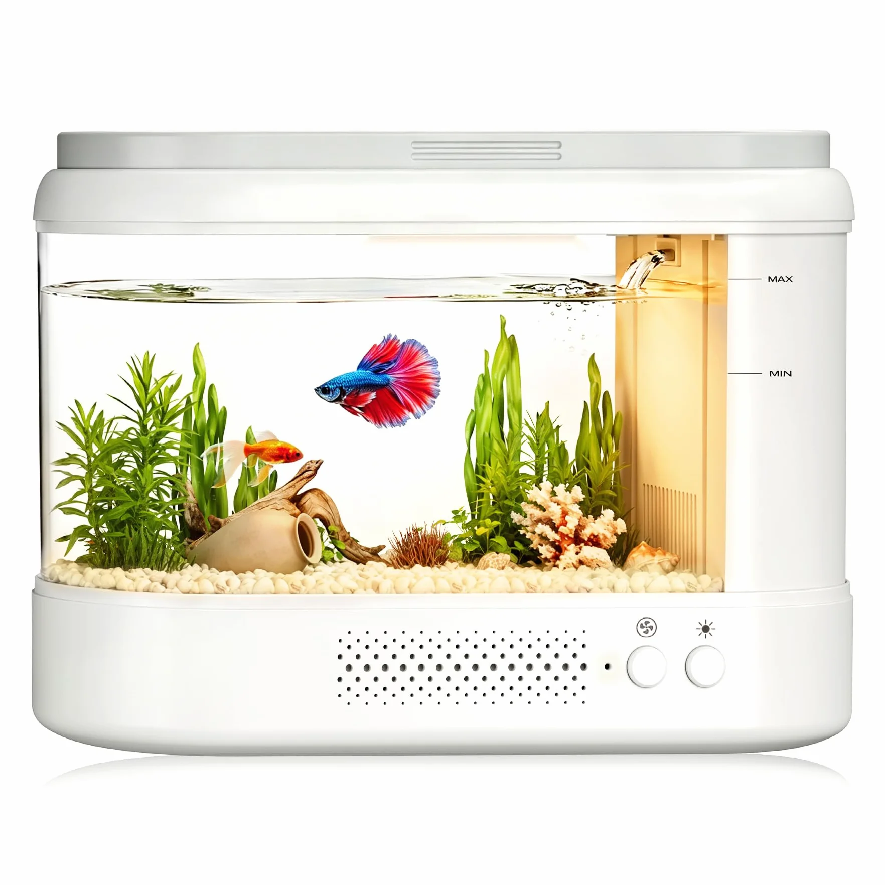 3,7L Acuario Pequeño Kit de Inicio,Blanco Aquario Acrílico con Sistema de Filtrado e Iluminación LED, Pecera Pequeña de Mesa para Peces Betta, Plantas y Gambas