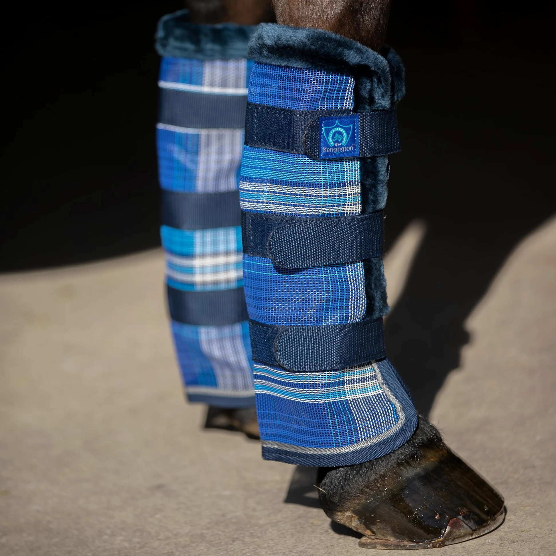 Kensington Botas de mosca para caballo, con ribete de forro polar, tecnología Stay-Up, protección contra picaduras de insectos y rayos UV, se venden en pares (2 botas), tamaño grande, color azul