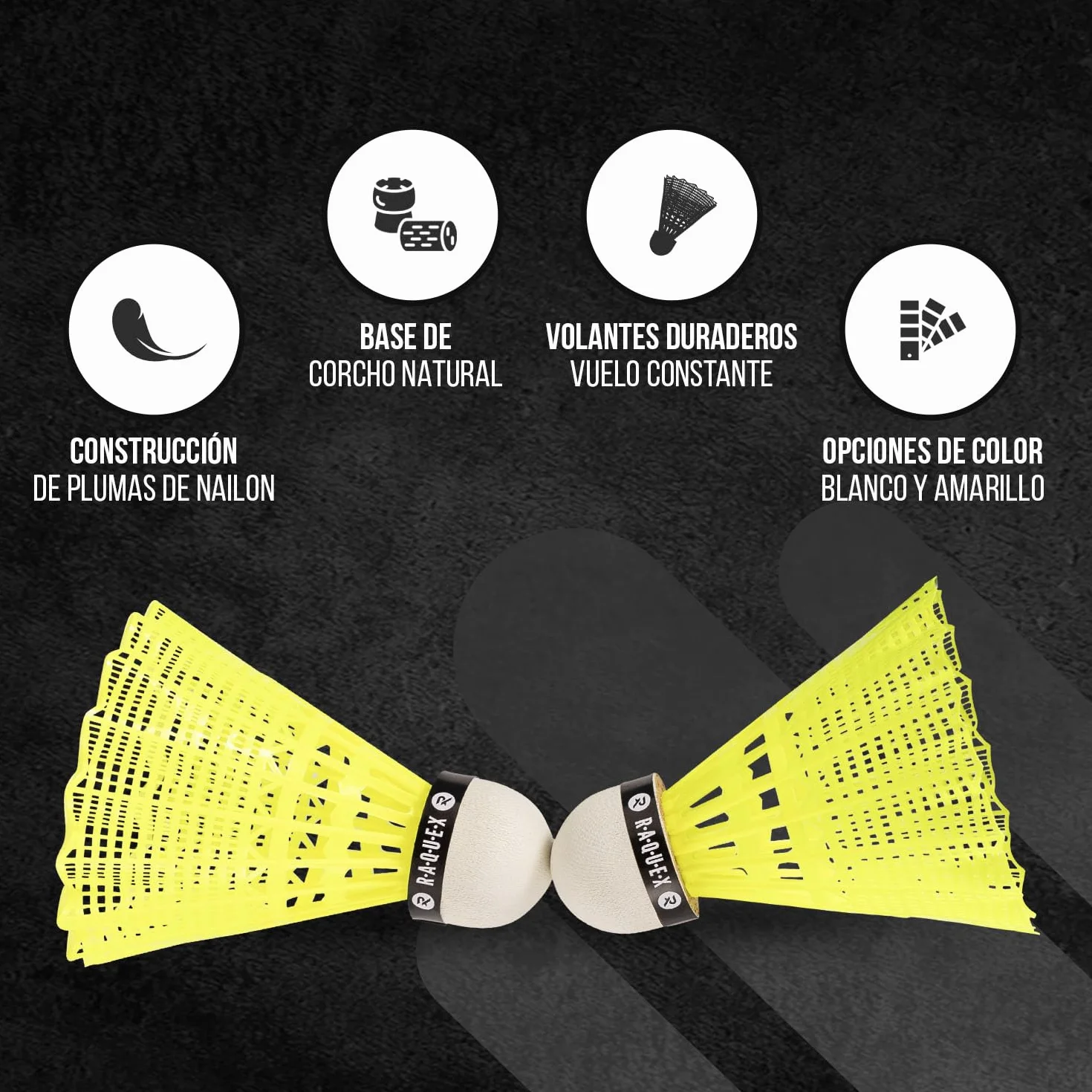 Raquex Tubo de 6 Volantes de Bádminton de Nailon y Corcho Natural, 3 Velocidades, Blanco/Amarillo