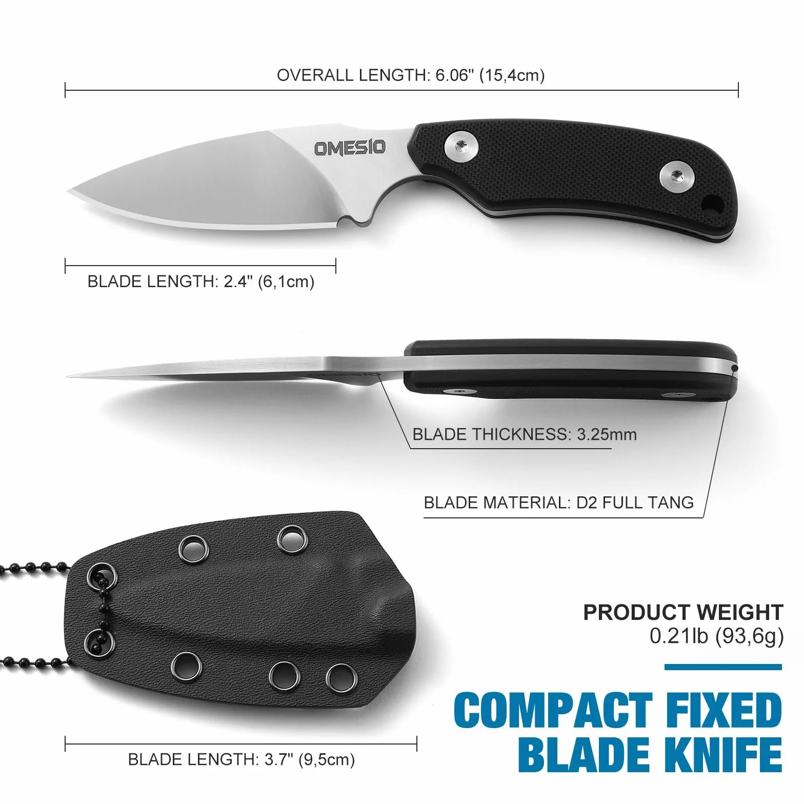 Omesio Cuchillo de Cuello EDC Pequeño con Vaina Kydex, Hoja D2, Mango G10