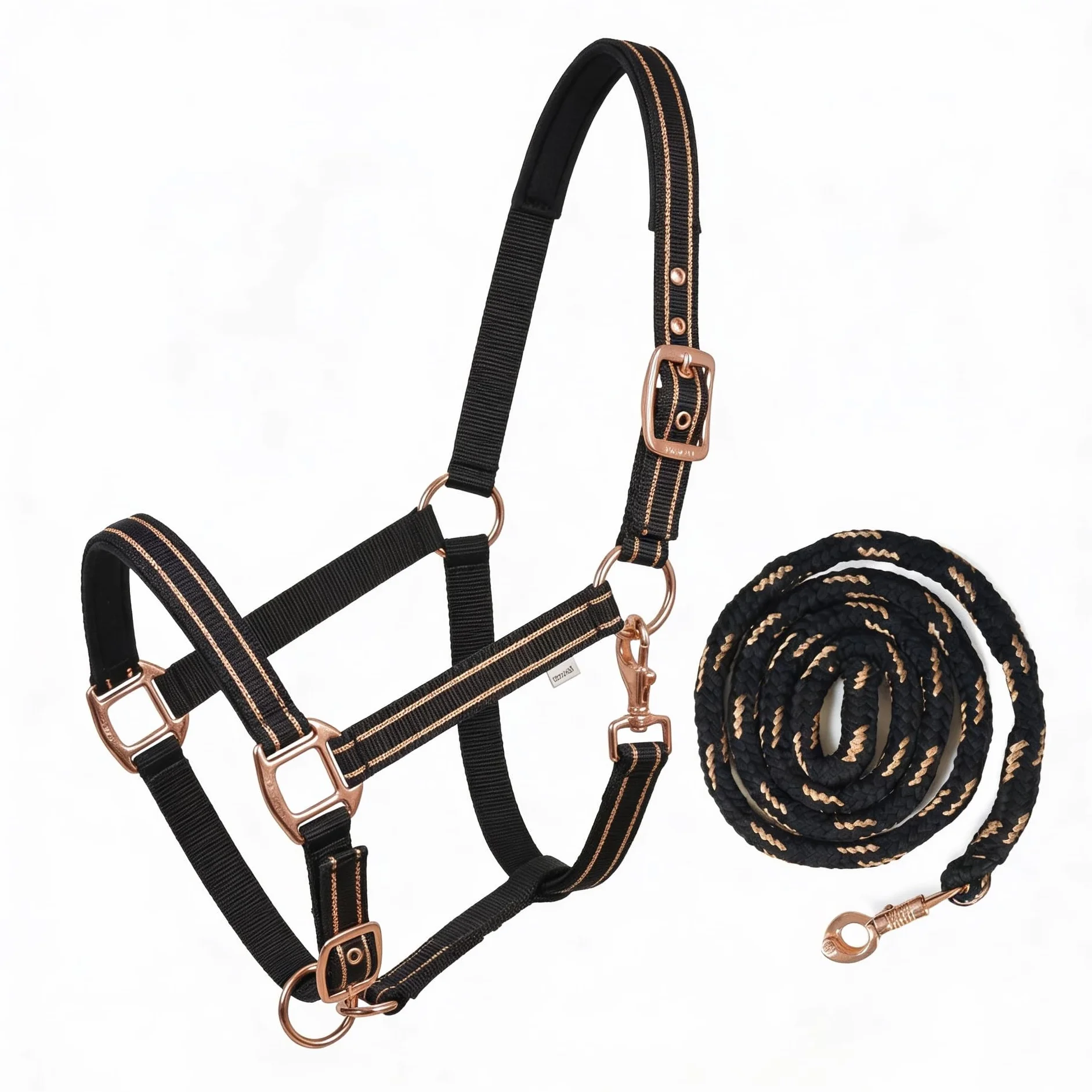 Cabestro para caballos con brillo en color oro rosa, cabestro para caballos en negro y rosa, ajustable en 2 posiciones (Negro oro rosa con cuerda, sangre caliente (completo))