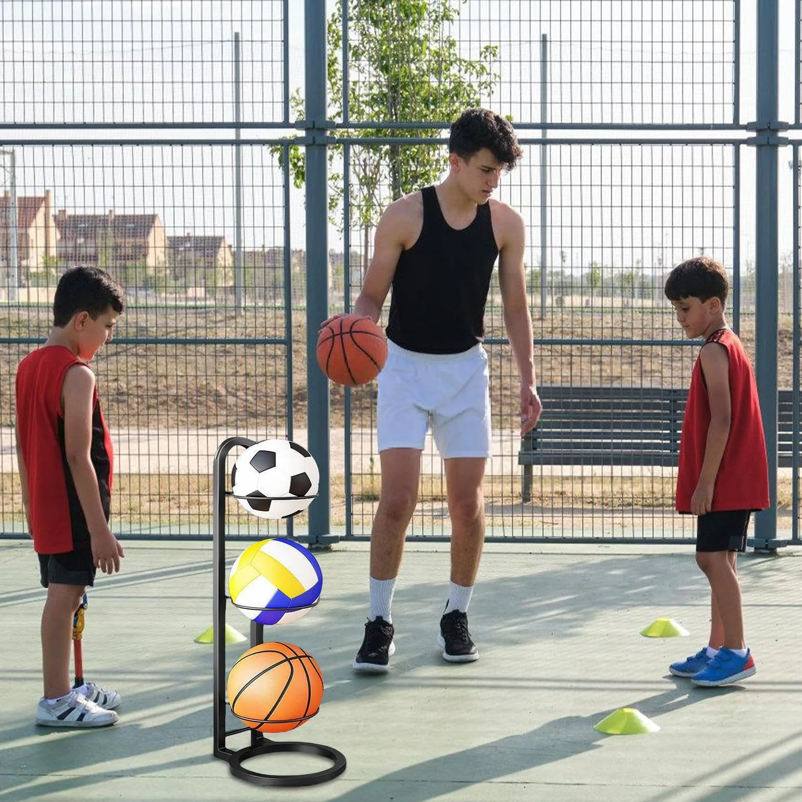 Estantería de almacenamiento de pelota para fútbol y baloncesto, soporte vertical multicapa