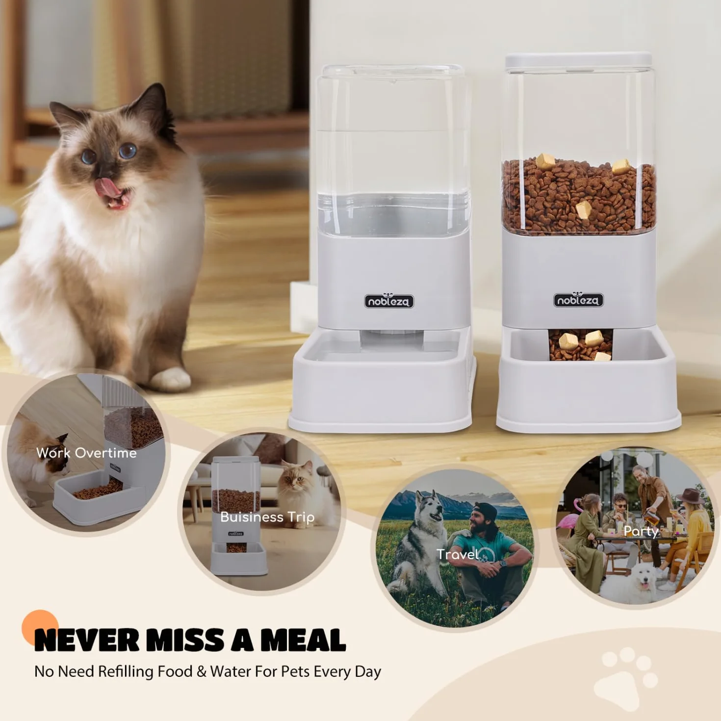 Nobleza Comedero Automático y Bebedero Gatos Perros， Dispensador Comida Gatos y Perros 3.8 L， para Perros y Gatos pequeños y medianos， Pack 2 Unidades