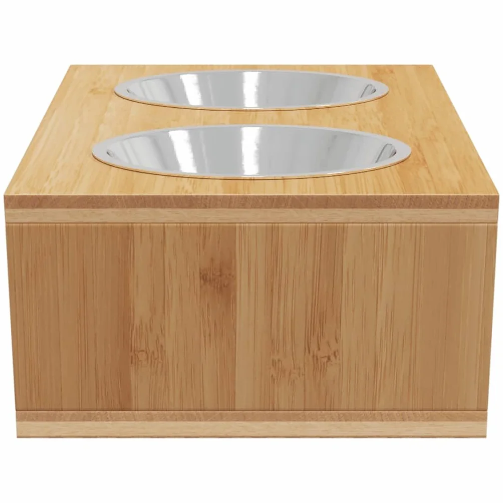 Cuencos elevados para perros con marco de bambú, 35,5 x 18 x 10,5 cm, 2 cuencos de acero inoxidable extraíbles, comedero y bebedero para perros, fácil de limpiar, estable y antideslizante