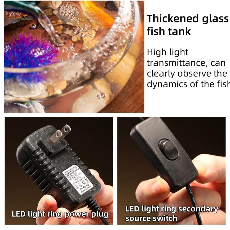 Acuario con anillo de luz LED, acuario sin cambio de agua, acuario de escritorio con adornos de cerámica, adecuado para el hogar u oficina (azul)