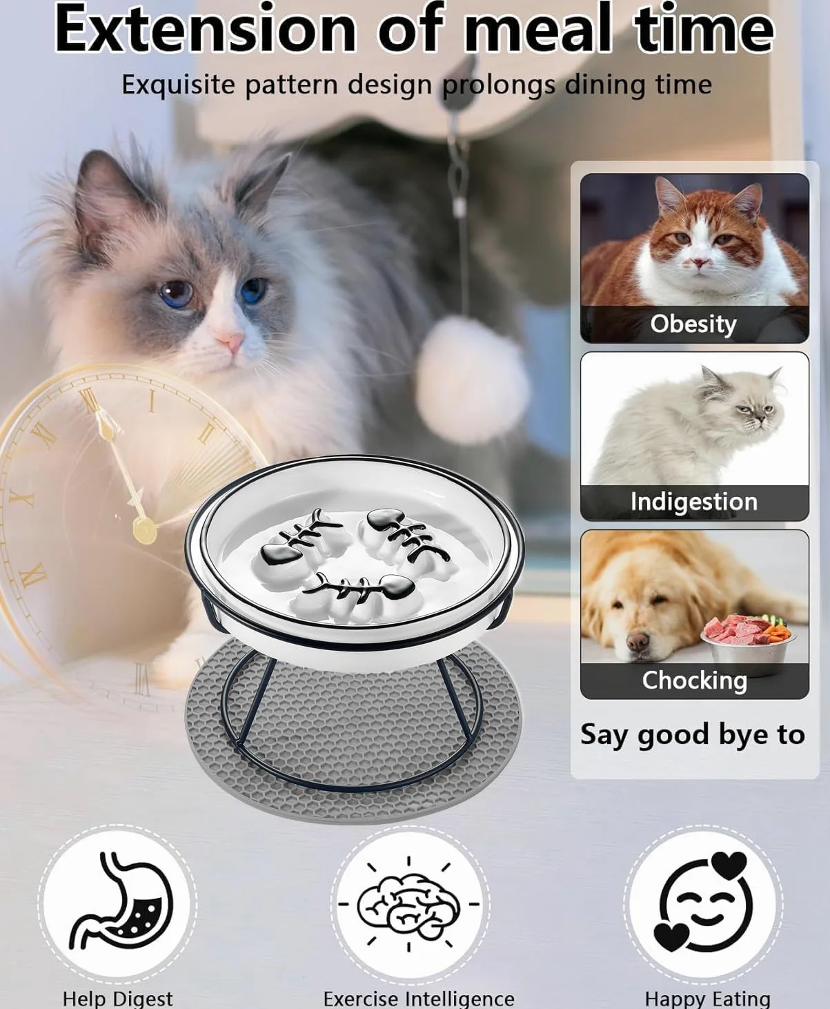 Comedero lento para gatos, cuenco elevado de comida para gatos, diseño elevado, cuenco de alimentación lenta para perros con soporte de metal, sin barbilla negra, antivómitos, apto para Whiksker poco
