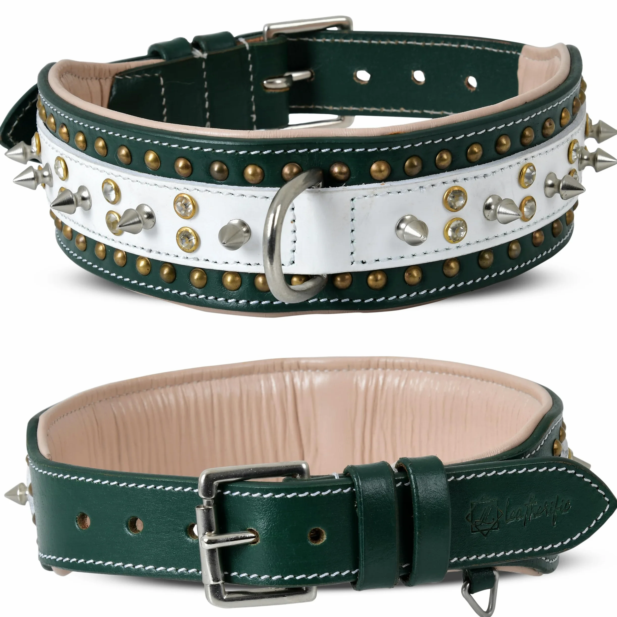 Leatherify - Collar de cuero genuino para perro, de alta calidad, resistente, acolchado, fuerte, con picos atornillados, razas medianas, grandes, extragrandes, 2 pulgadas de ancho (color verde bosque