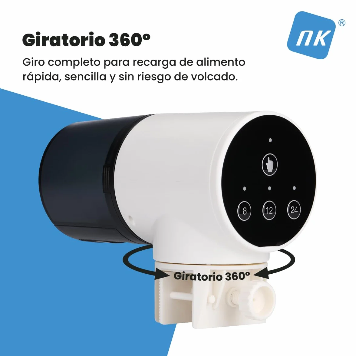 NK Dispensador Automático de Comida para Peces – 200 ml, Pantalla LCD, Programable en Modo Manual/8H/12H/24H, Soporte Giratorio 360°, Control por Botón y Sistema de Fijación Estable