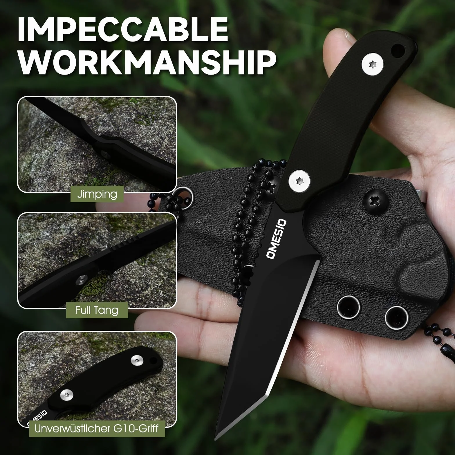 Omesio Tanto Neck Knife Pequeño Cuchillo Hoja Fija Full Tang Acero D2 Mango G10 Funda Kydex Clip Collar EDC