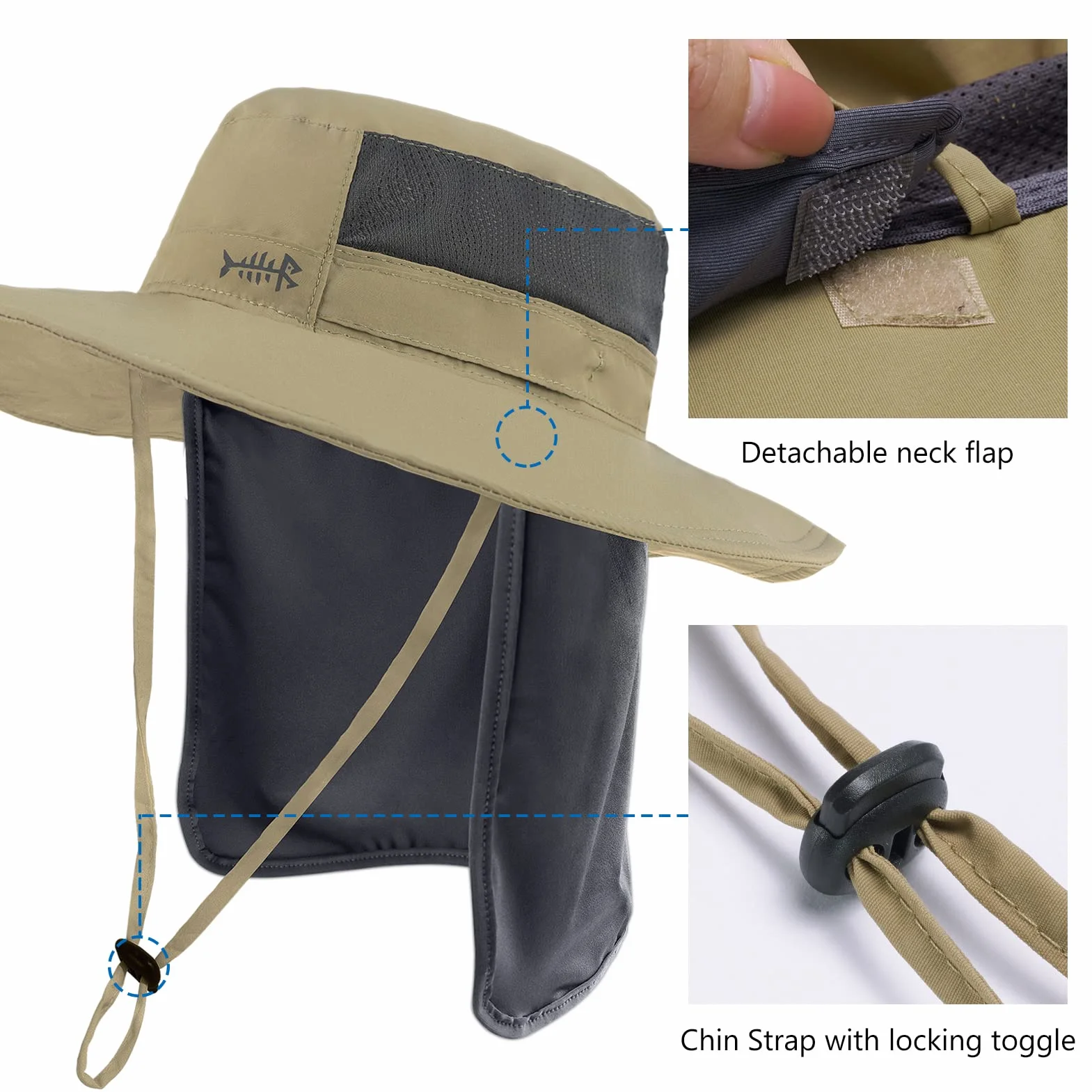 Bassdash UPF 50+ Sombrero de Pesca Solar Resistente al Agua con Solapa de Cuello Desmontable