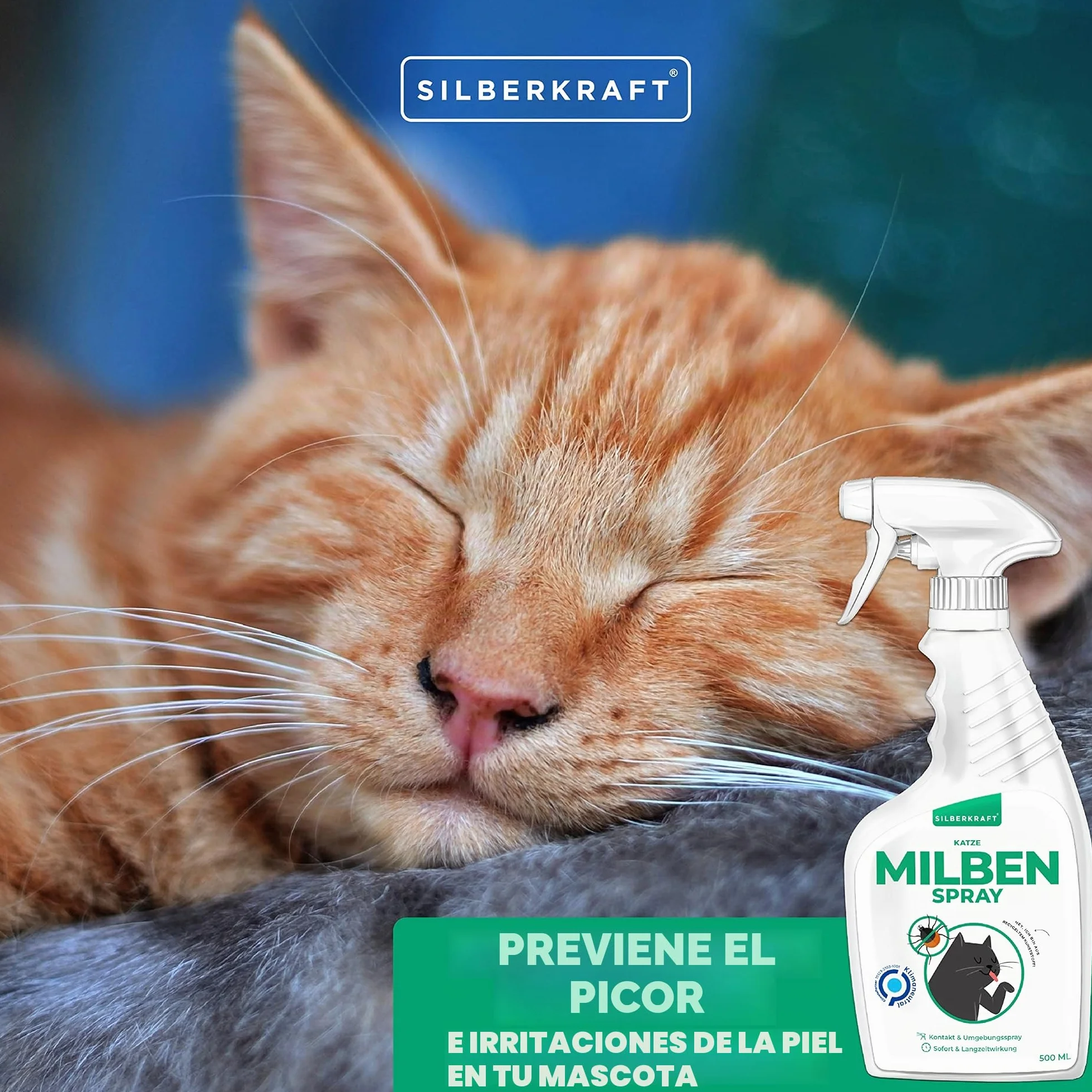 Silberkraft Spray antiácaros para gatos, 500 ml, eficaz antiácaros, para tratar los ácaros del oído, ácaros del gato