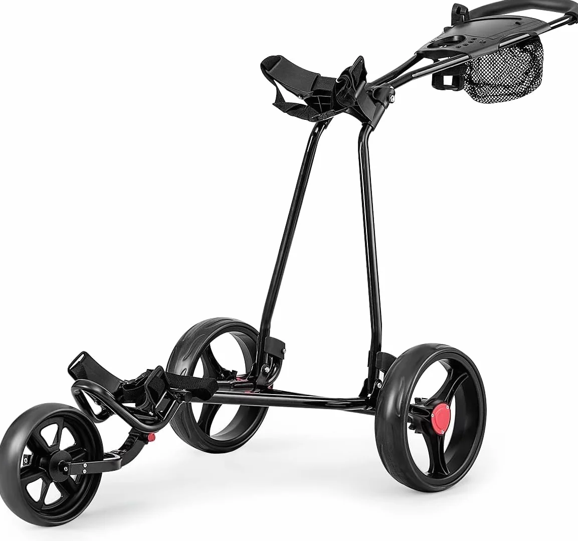 GYMAX Carro de Golf Plegable, 3 Ruedas, Red de Malla, Soporte Paraguas, Hierro, Negro