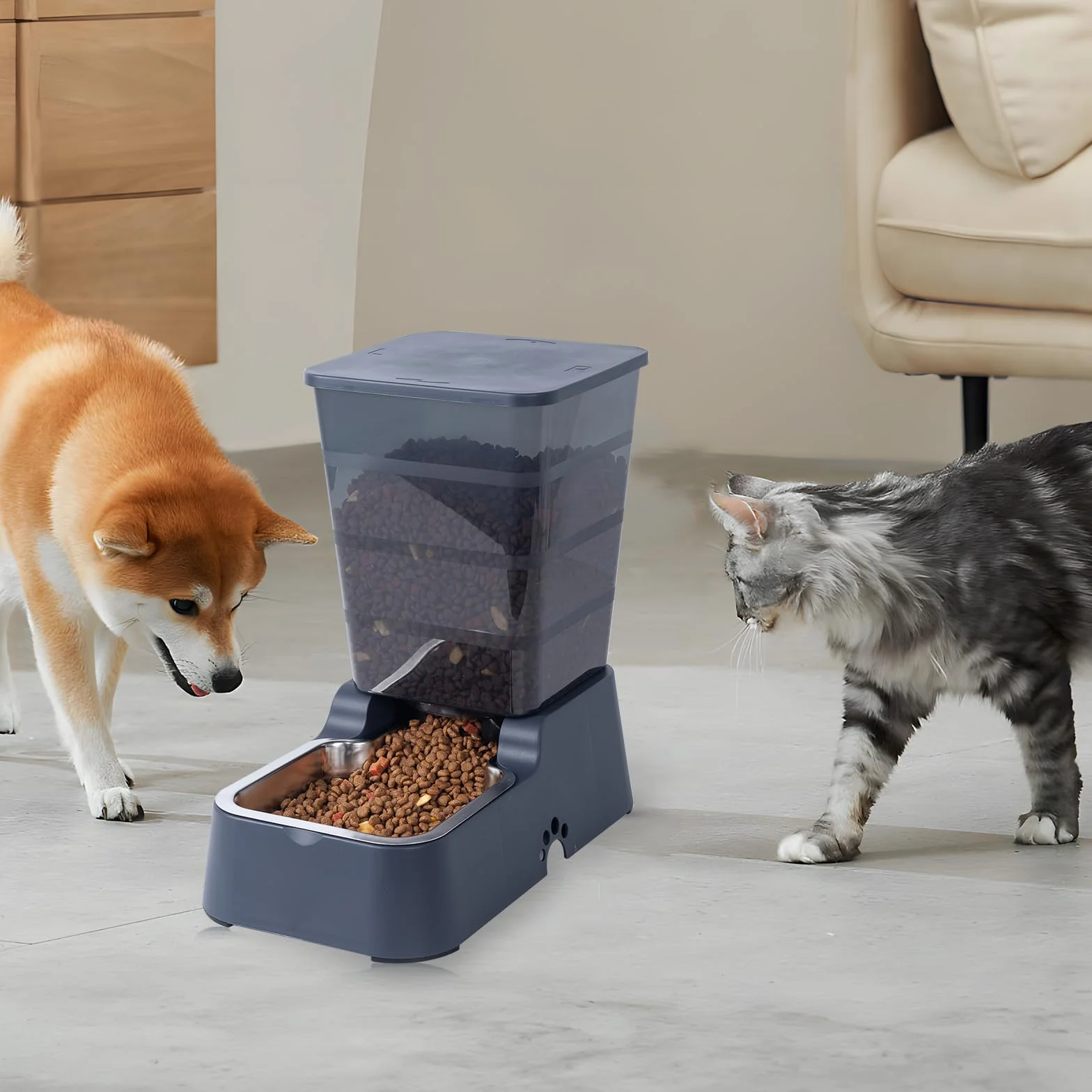 Dispensador automático de comida para perros y agua para perros, 5 L, dispensador de comida para gatos y gatos para perros medianos y grandes, gatos y otros animales (juego de 5 L, gris oscuro)