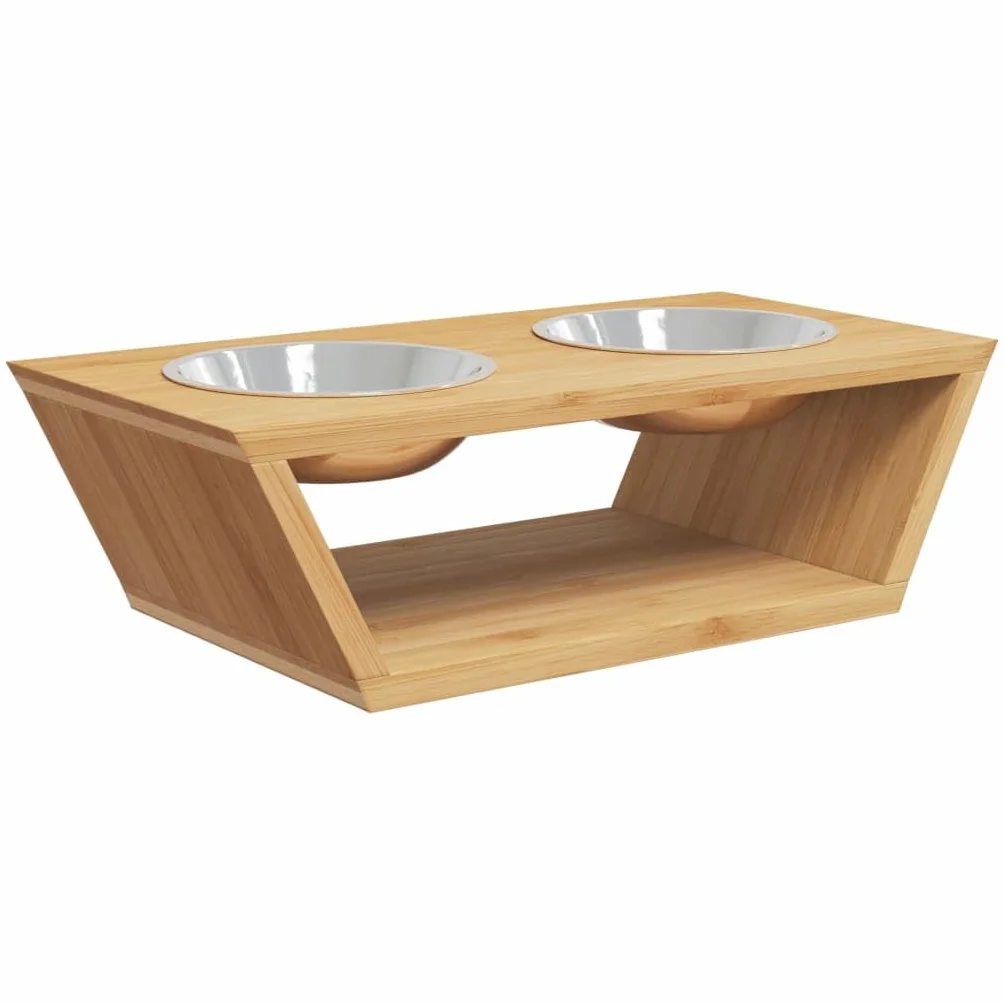 Cuencos elevados para perros con marco de bambú, 35,5 x 18 x 10,5 cm, 2 cuencos de acero inoxidable extraíbles, comedero y bebedero para perros, fácil de limpiar, estable y antideslizante