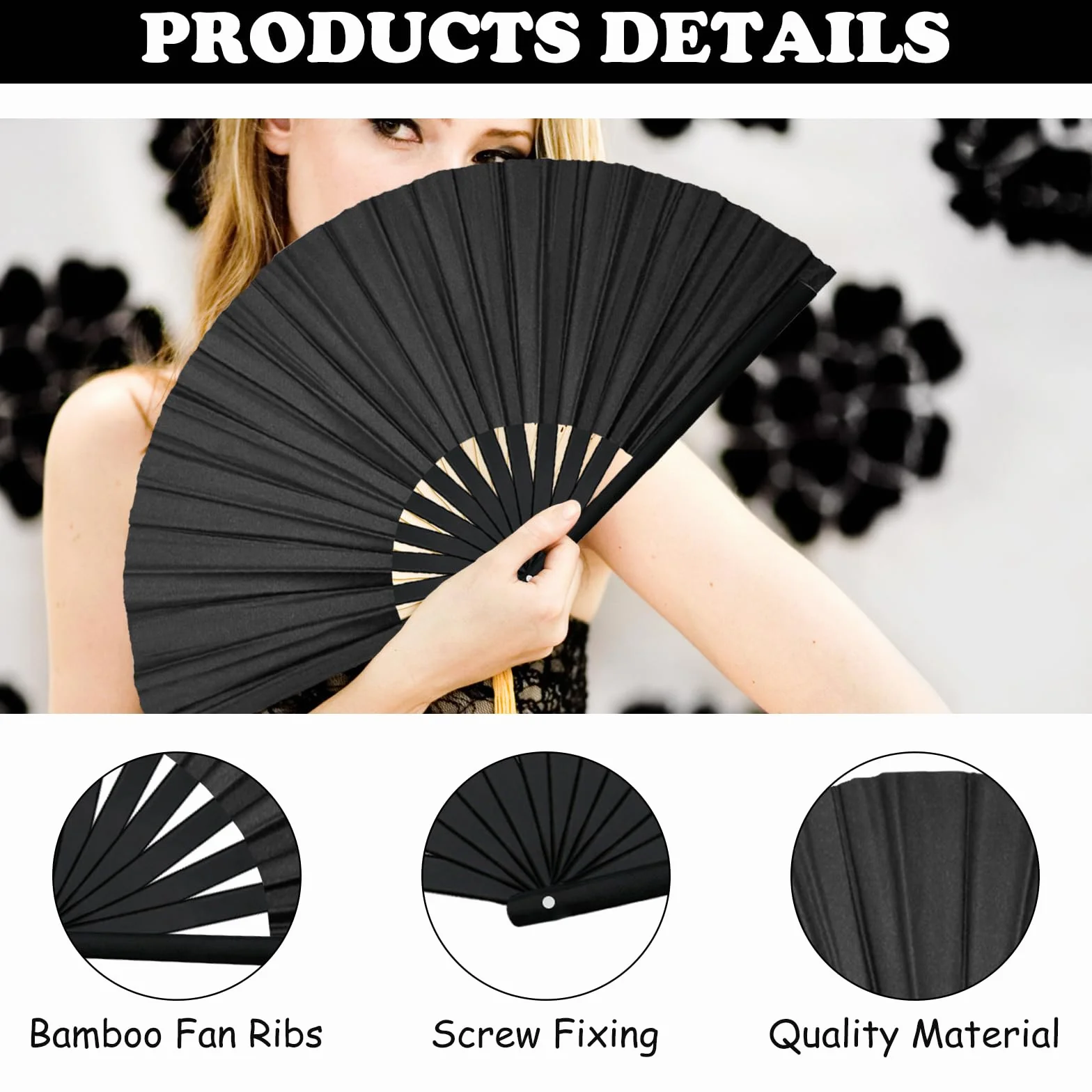 HINGTAI abanicos de mano plegables bambú chino retro grandes baile línea fiestas color negro