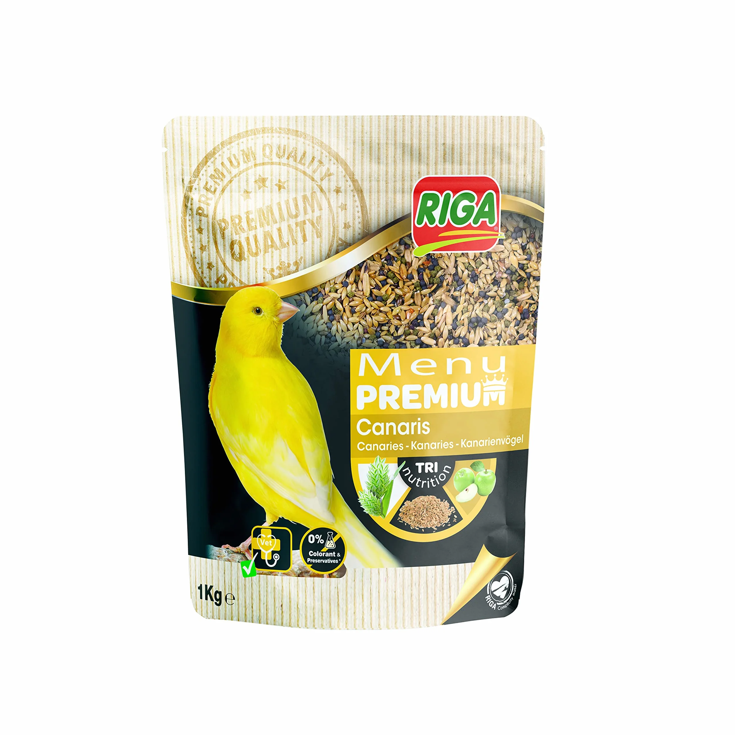 Riga - Menú Premium para Canarios - Mezcla de Semillas, Cereales y Proteínas Vegetales - Concepto Tri-Nutricional - Ayuda al Funcionamiento Intestinal Óptimo - 1 kg