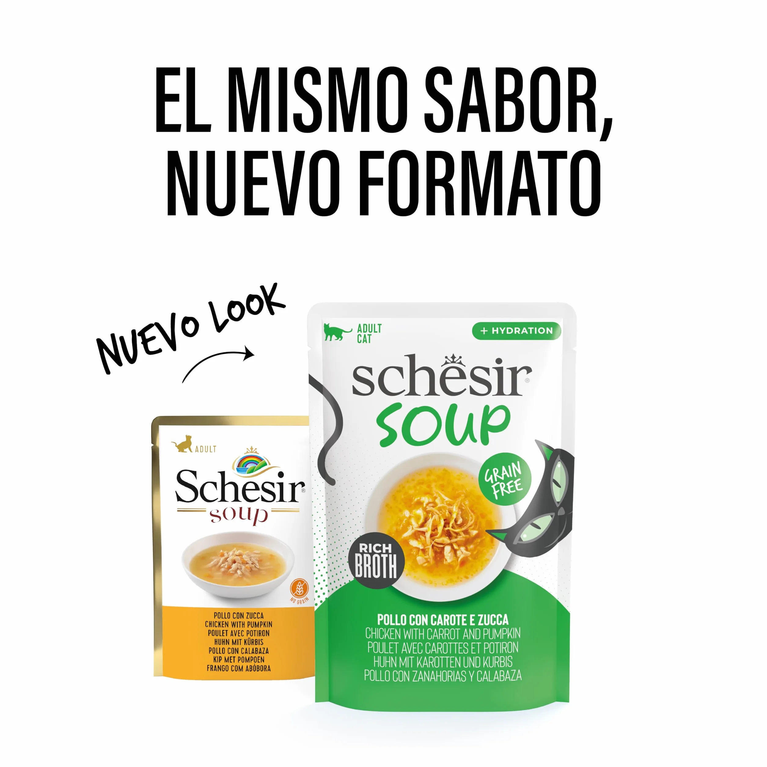 Schesir, Sopa con Filetes de Pollo con Zanahorias y Calabaza, Cibo Húmedo Complementario para Gatos, Receta Original, 100% Natural, Cruelty-Free, 12 x 40g