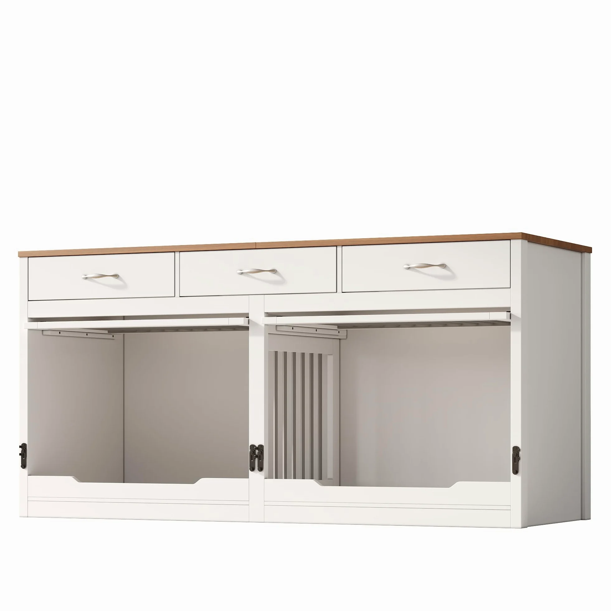 Jaula para perros de madera y metal, para 2 perros, 164 x 60 x 81 cm, caseta interior, tapa abatible, divisor extraíble, 3 cajones (blanco + efecto madera)