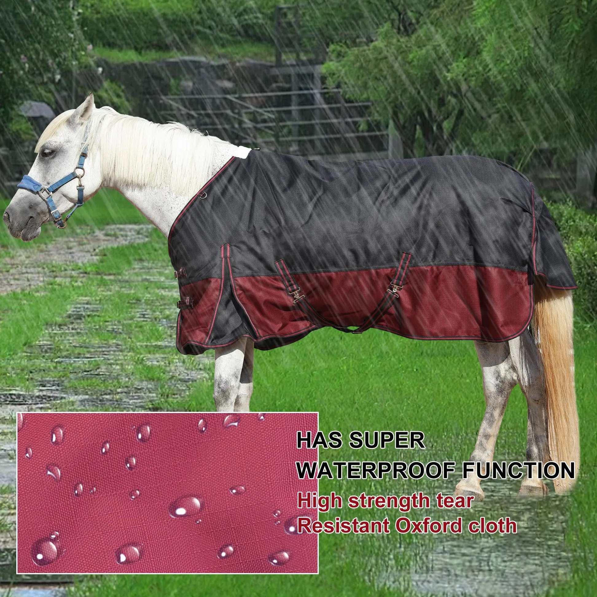 Leberna Alfombra impermeable 1200D para caballos, ligera, antidesgarros, transpirable, con cuello estándar, sin relleno (negro y rojo, 6 pies 6 pulgadas)