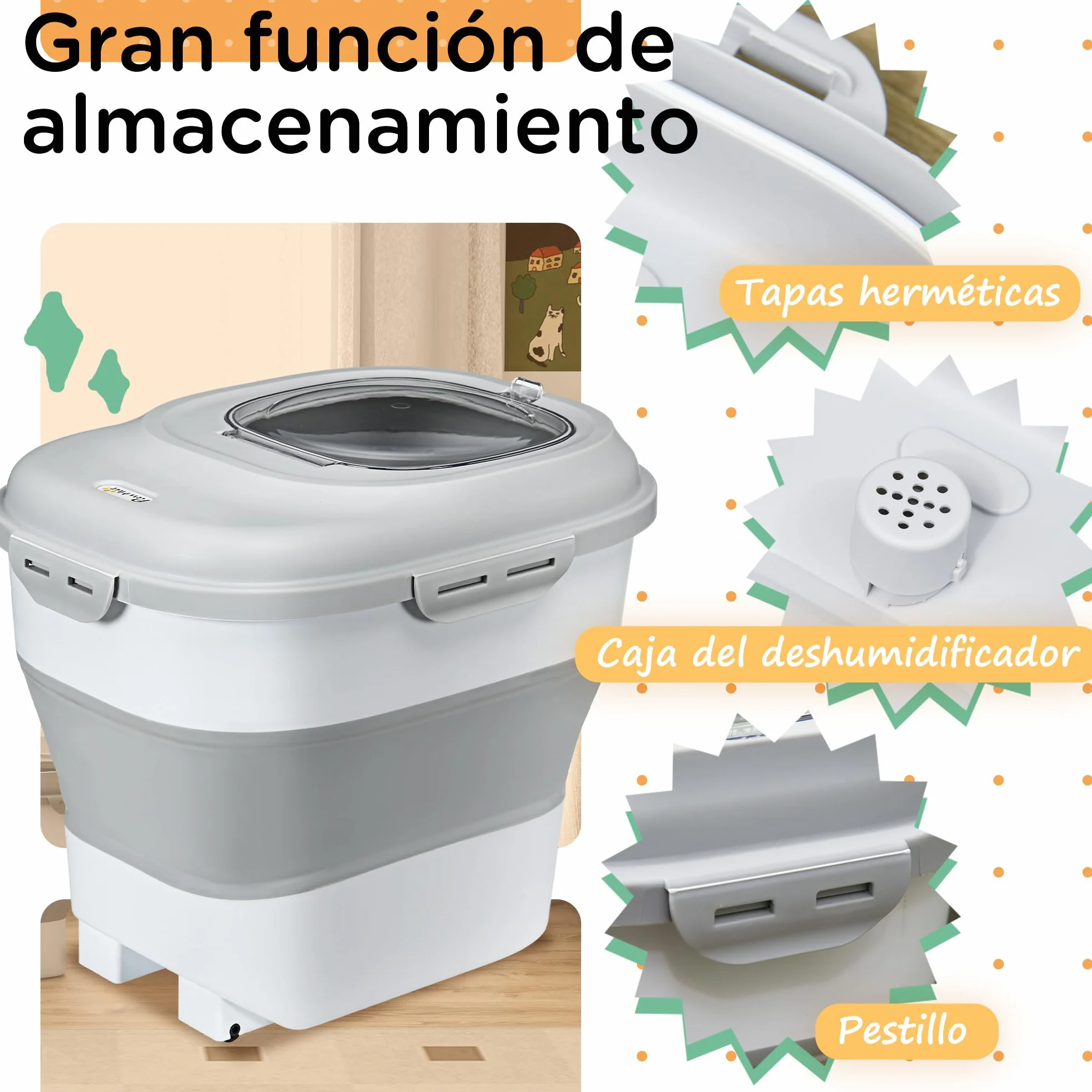 PawHut Contenedor de Comida para Perros Plegable 25L Contenedor de Pienso con Ruedas Taza Medidora Cuenco Plegable y Cuchara Contenedor de Comida para Mascotas Gatos Gris