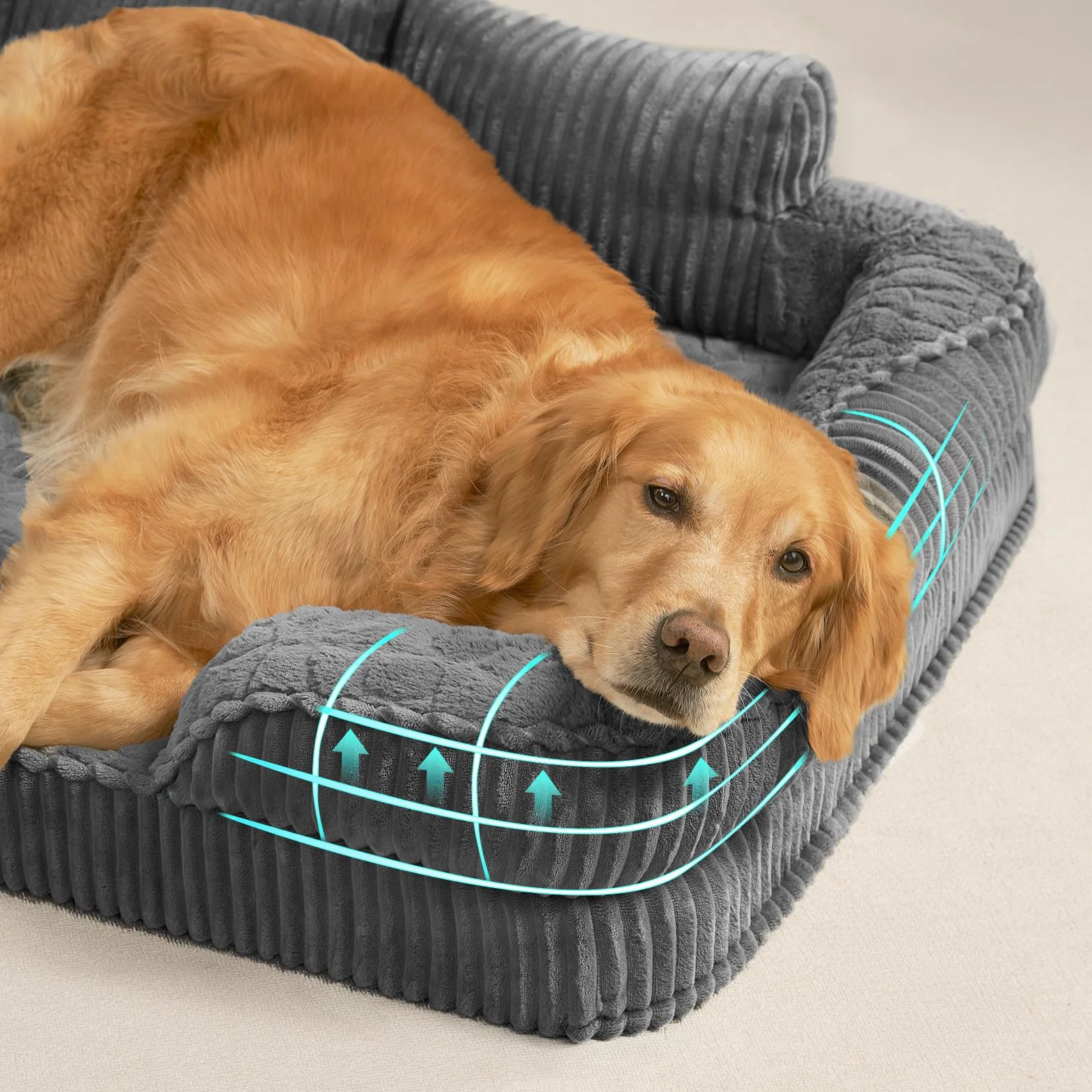 EHEYCIGA Cama Perro Ortopédica Grande 106x76 cm, Sofá Cama con Respaldo Alto, Colchón Perro Viscoelastica Impermeable, Funda Lavable, Gris