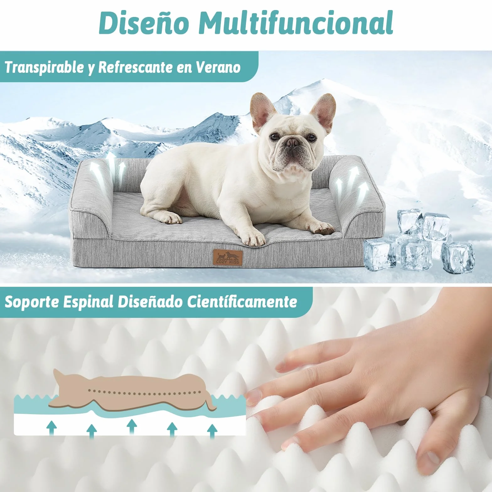 COZY KISS Cama Refrigerante Ortopédica para Perros Talla XL 107x76x18 cm - Sofá Ergonomico para Perros con Funda Desenfundable y Lavable & Espuma de Alvéolos, Impermeable, Gris Plateado, XL