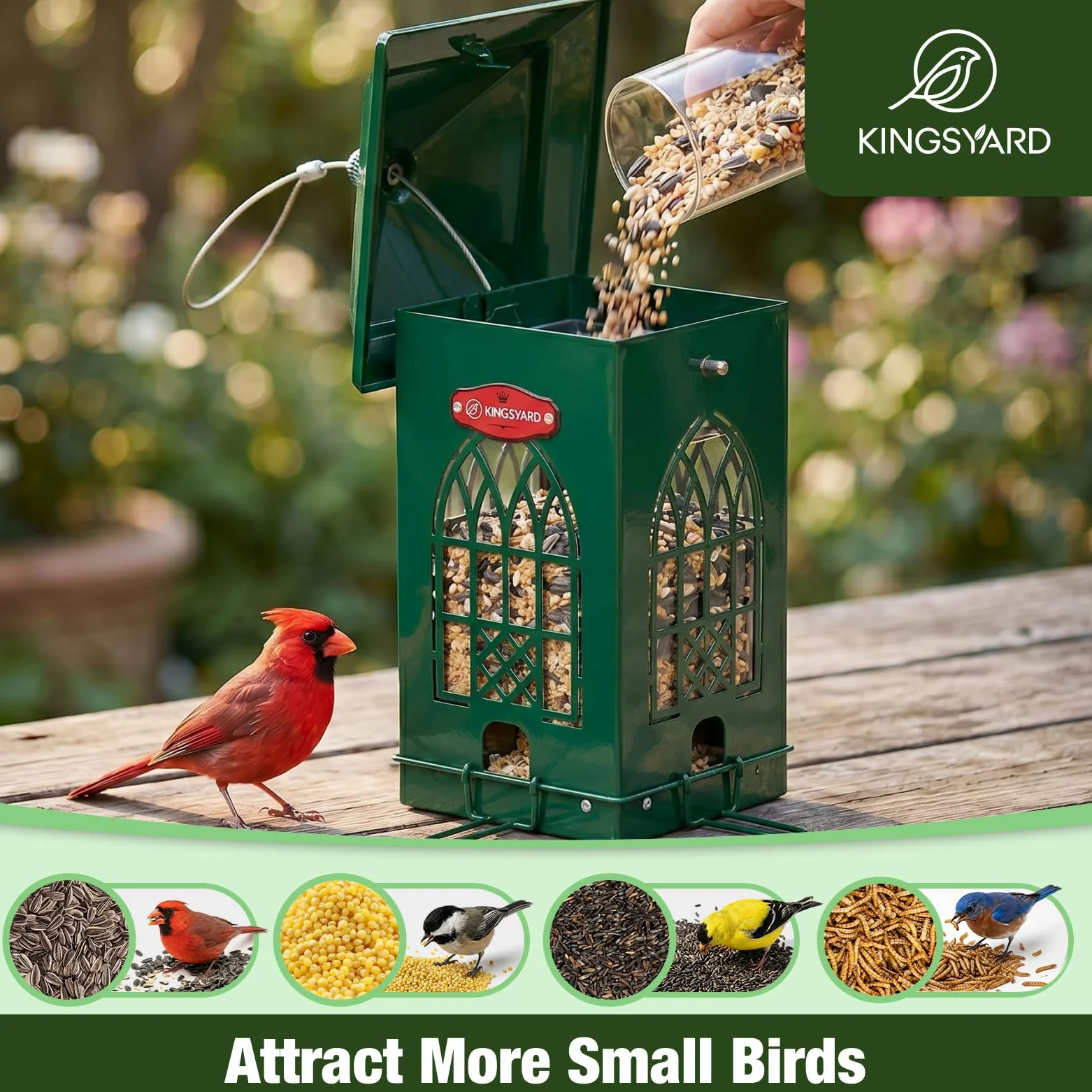 Kingsyard Comedero para pájaros a prueba de ardillas para exteriores con perchas activadas por peso, capacidad de 5 libras, comedero de metal grande para pájaros silvestres pequeños, pinzón cardenal