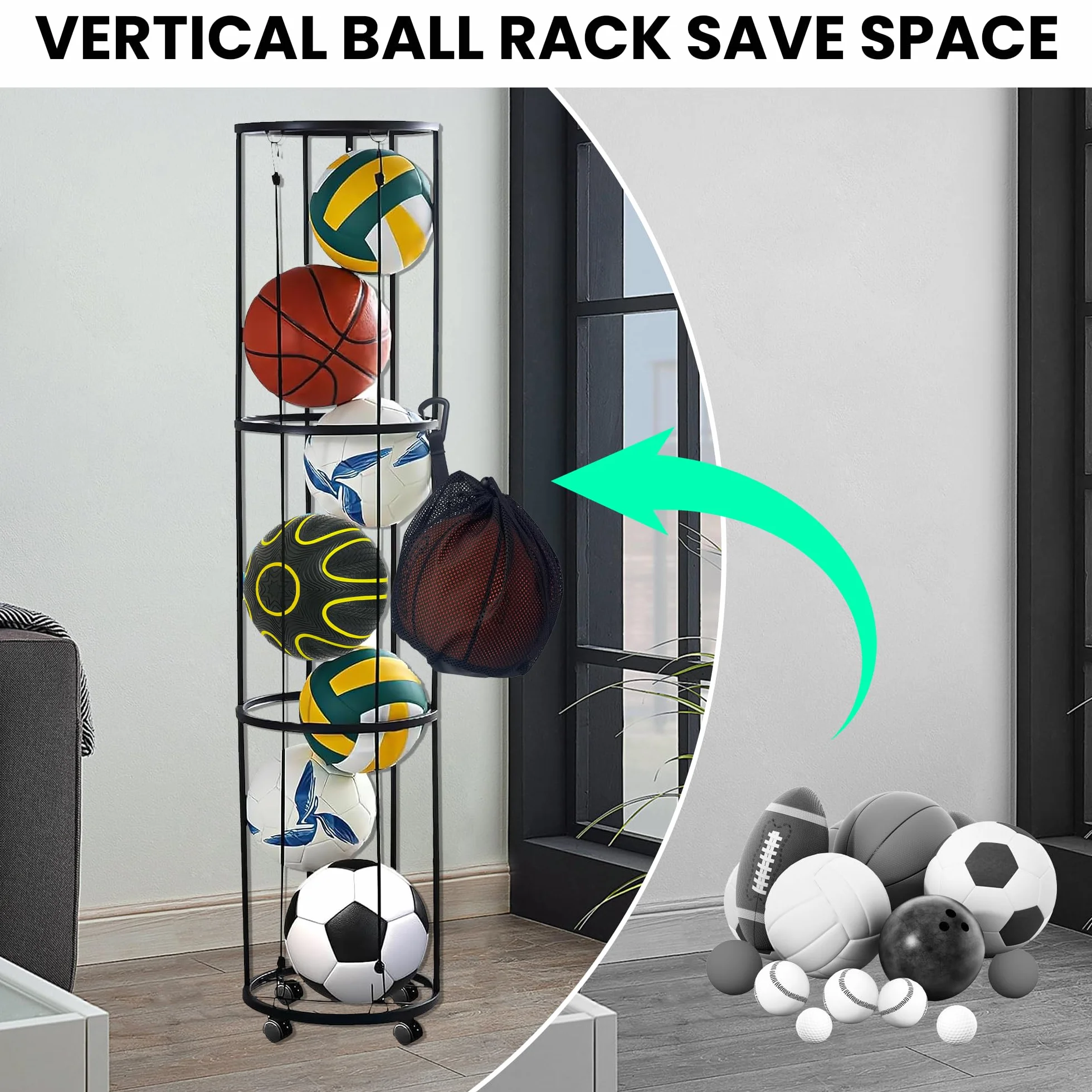 Estante para Pelotas de 3 Niveles con Ruedas, Soporte Extraíble con Red, Almacenamiento Deportivo para Voleibol, Baloncesto y Fútbol