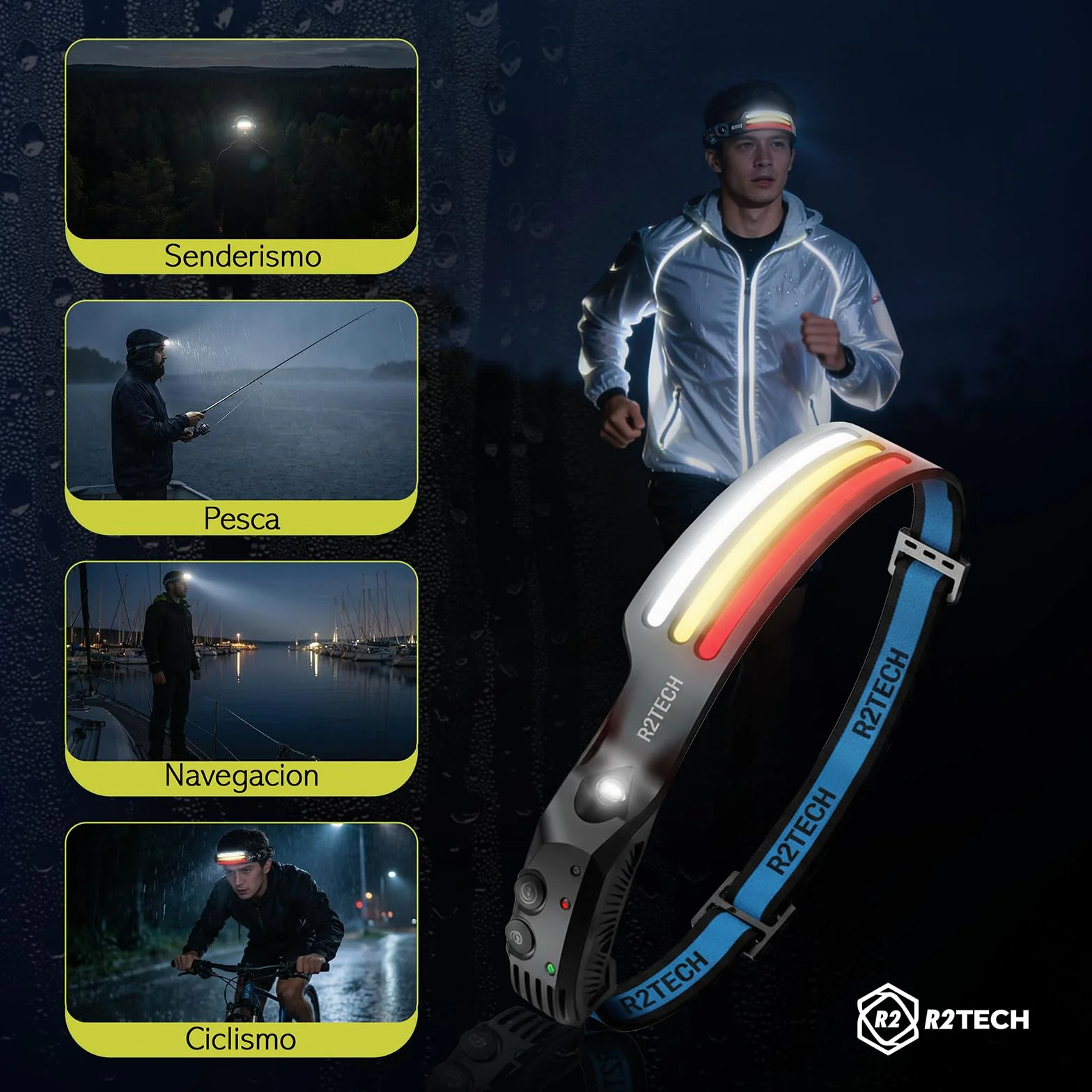 Linterna Frontal LED Recargable Alta Potencia con Luz Roja y Cálida para Running, Ciclismo, Pesca y Camping