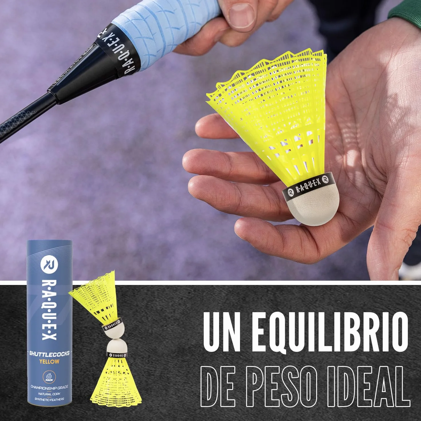 Raquex Tubo de 6 Volantes de Bádminton de Nailon y Corcho Natural, 3 Velocidades, Blanco/Amarillo