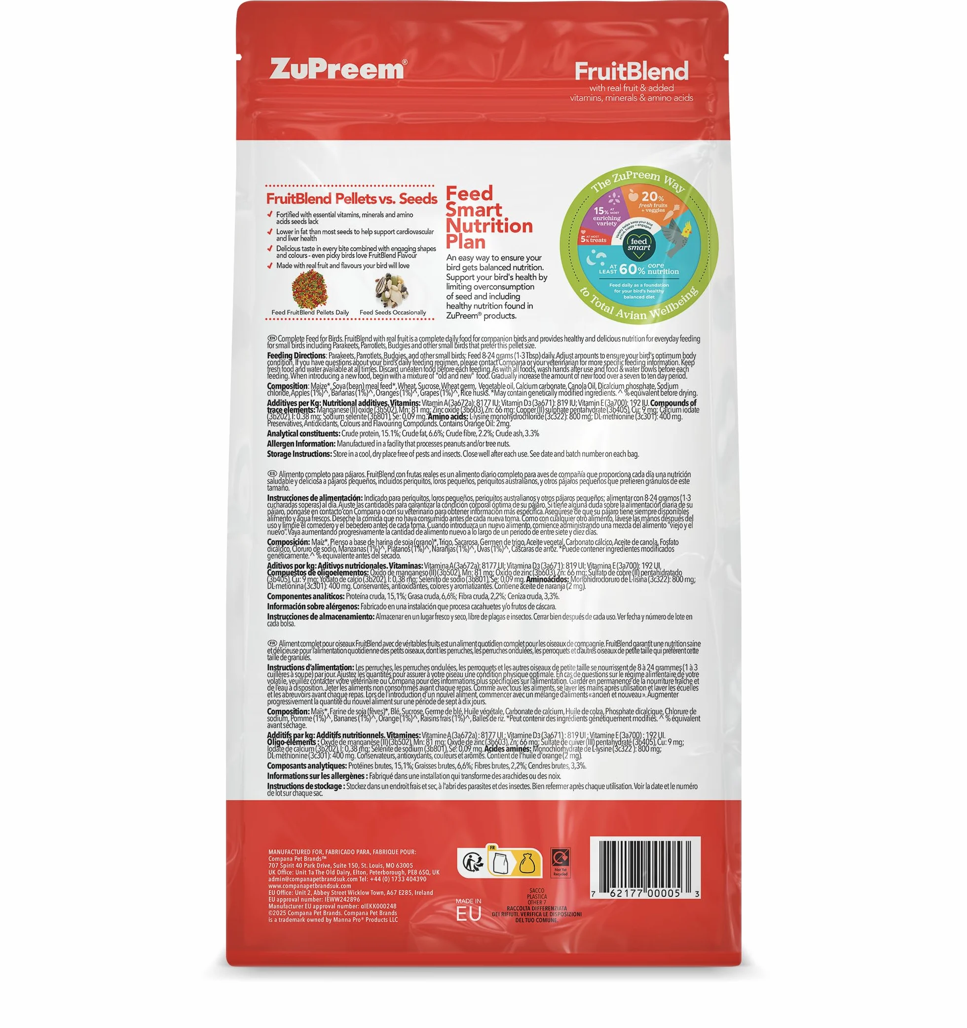Zupreem Multifrutas Alimento para Aves de Compañía - Frutas y Vitaminas - Pienso para Pájaros Indicado para Periquitos, Periquitos Australianos, Loros Pequeños y Otros Pájaros Pequeños - 1 kg