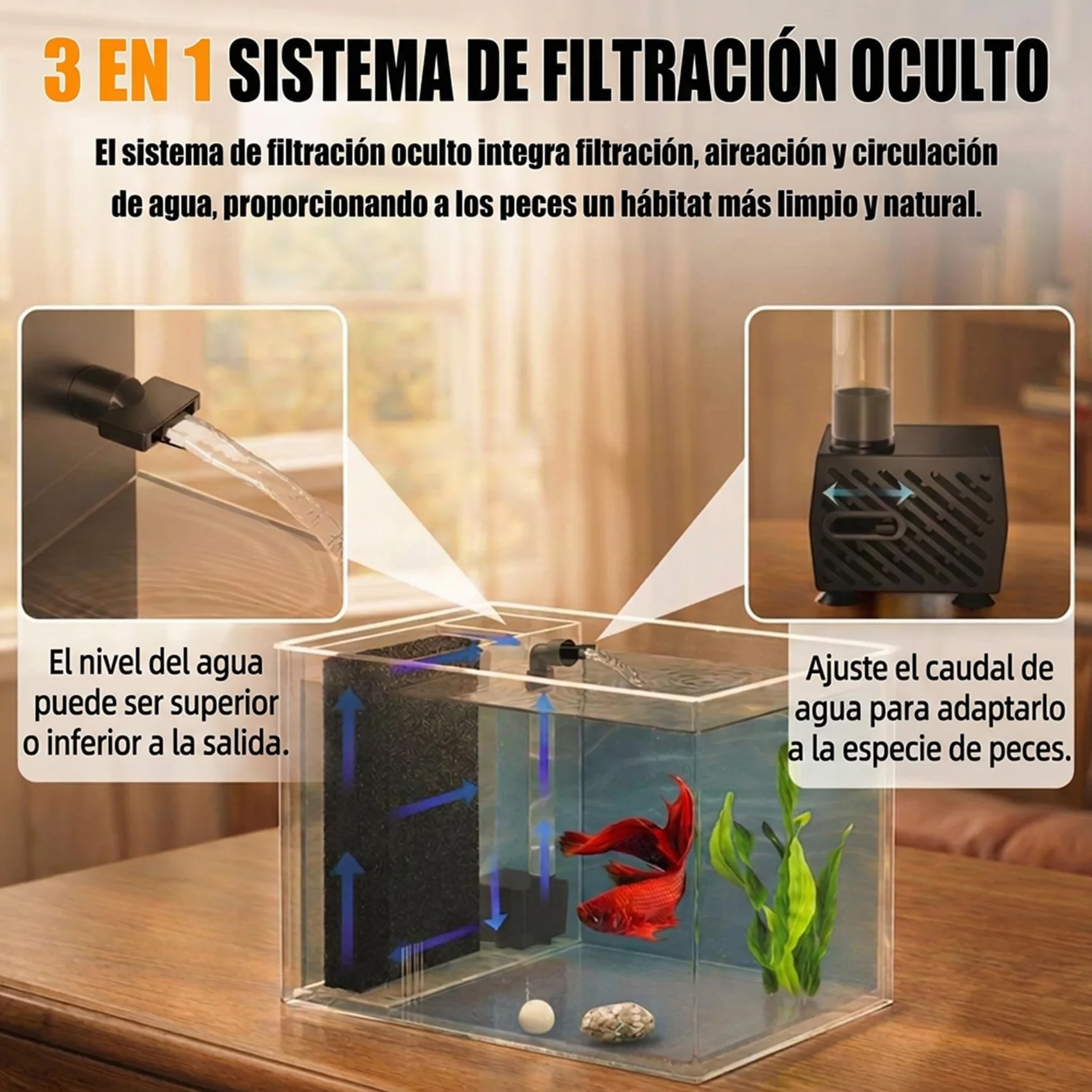 Vehipa 3,7L Acuarios pez Beta Completas, Pequeña Acuario de Acrílico con Bomba de Filtro de Agua y Luz LED, Ideal para Peces Pequeños, Gambas y Plantas (Negro)