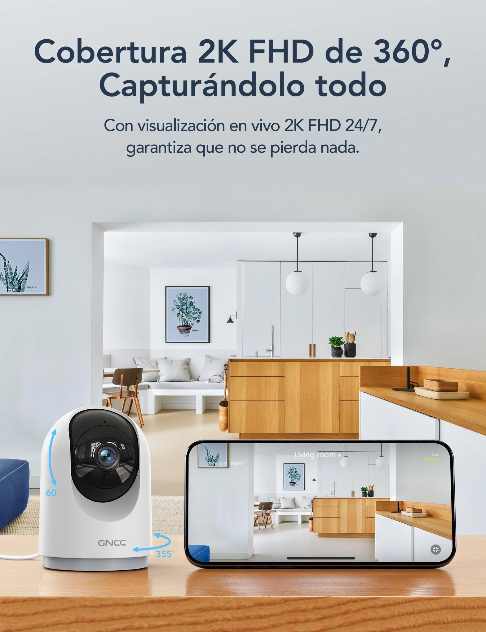 GNCC Camara Vigilancia WiFi Interior 355° PTZ 2K Cámara Vigilancia Interior con Seguimiento, para Adecuado para Bebés/Mascotas/Familia, Detección de IA, Audio Bidireccional, Visión Nocturna, 2,4GHz