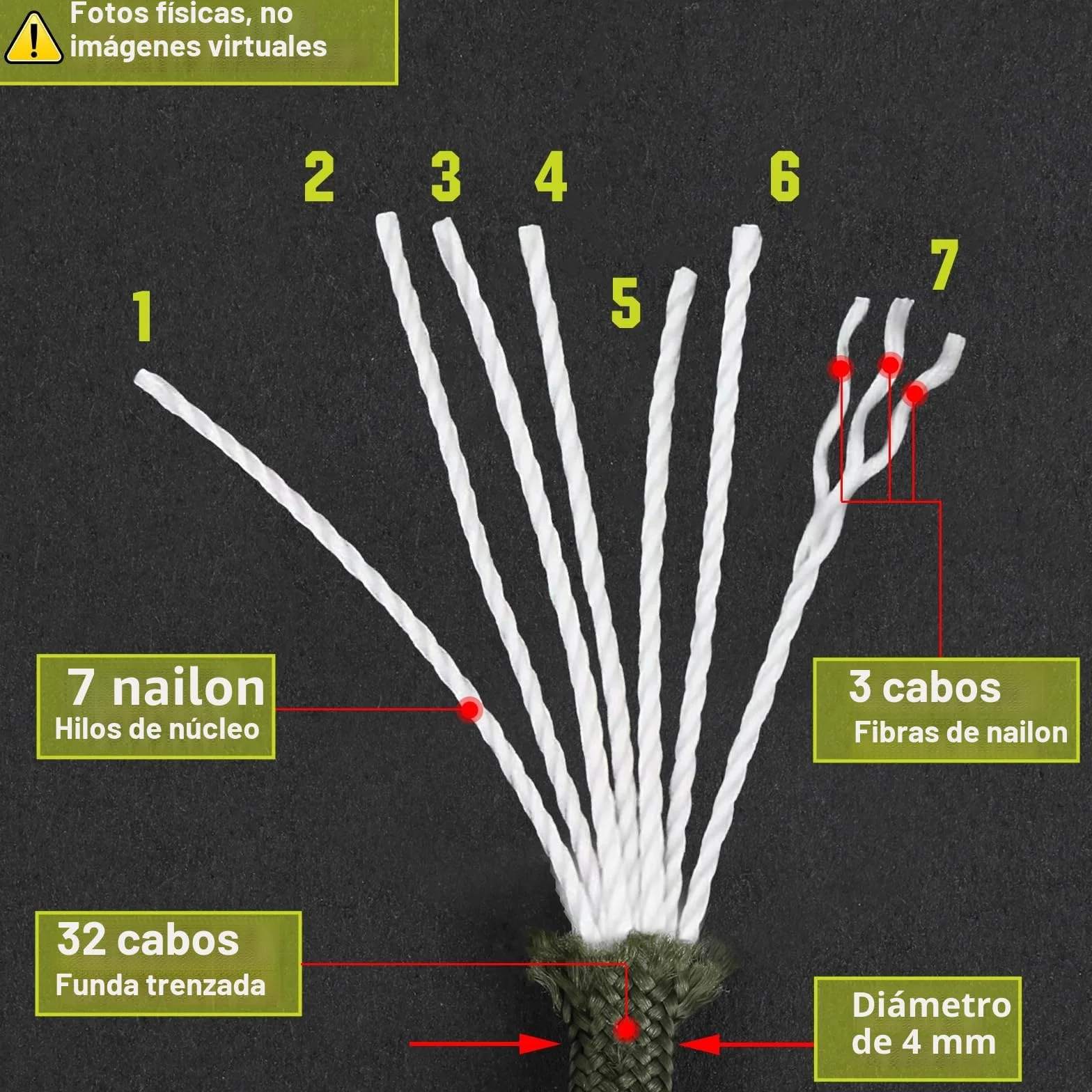 Cuerdas Paracord 10 m 4 mm 7 Hilos Nylon 100% Carga 250 kg Camping Escalada Pulseras