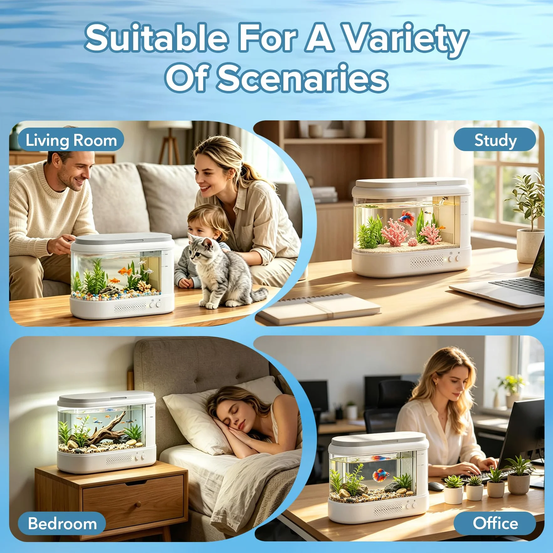 3,7L Acuario Pequeño Kit de Inicio,Blanco Aquario Acrílico con Sistema de Filtrado e Iluminación LED, Pecera Pequeña de Mesa para Peces Betta, Plantas y Gambas