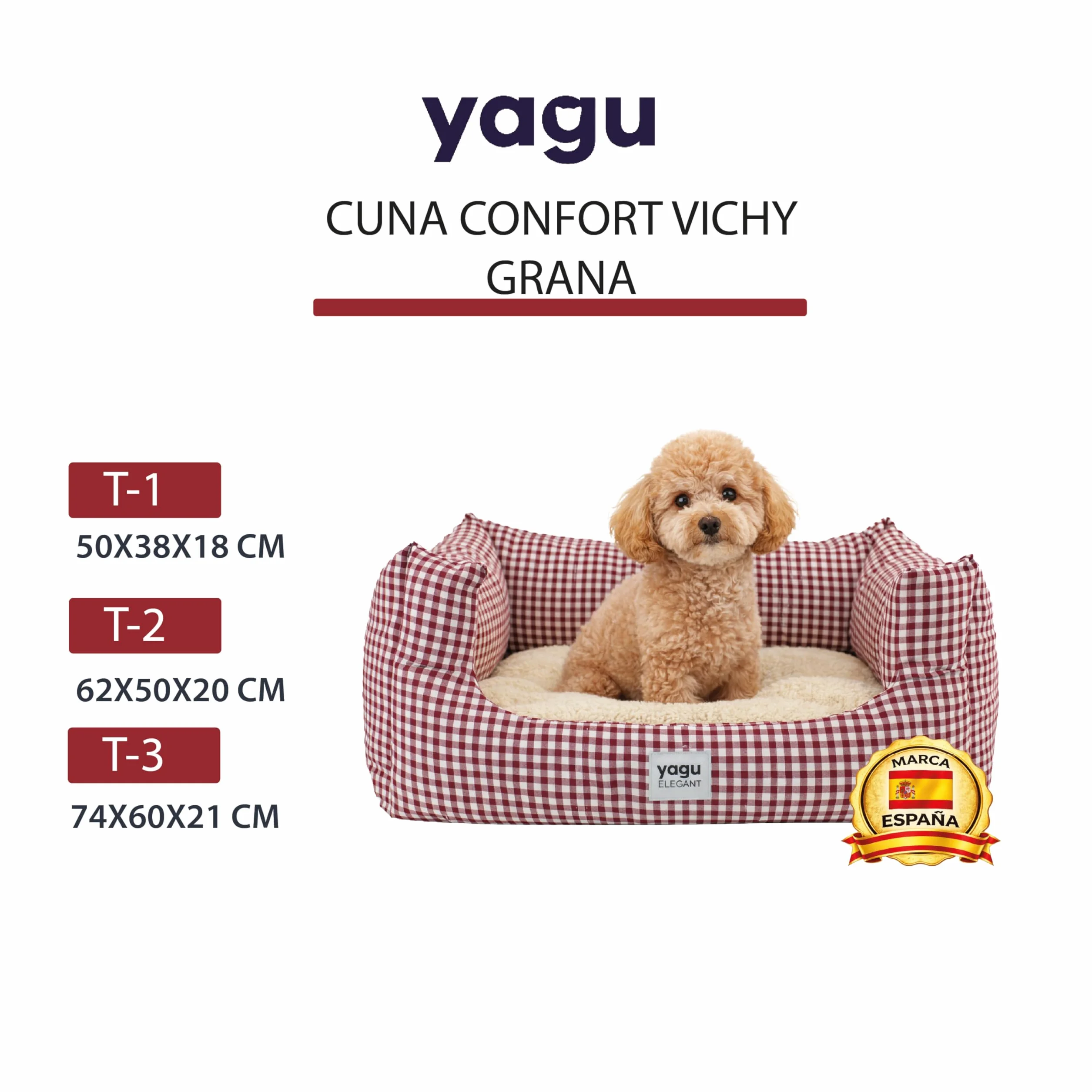 YAGU - Cama para Perros y Gatos T-2 (63x47x23 cm) Cama Confort Diseño Vichy Grana con Interior de Borreguillo Suave. Cojín Reversible, Relleno de Fibra Reciclada, Lavable y Base Antideslizante
