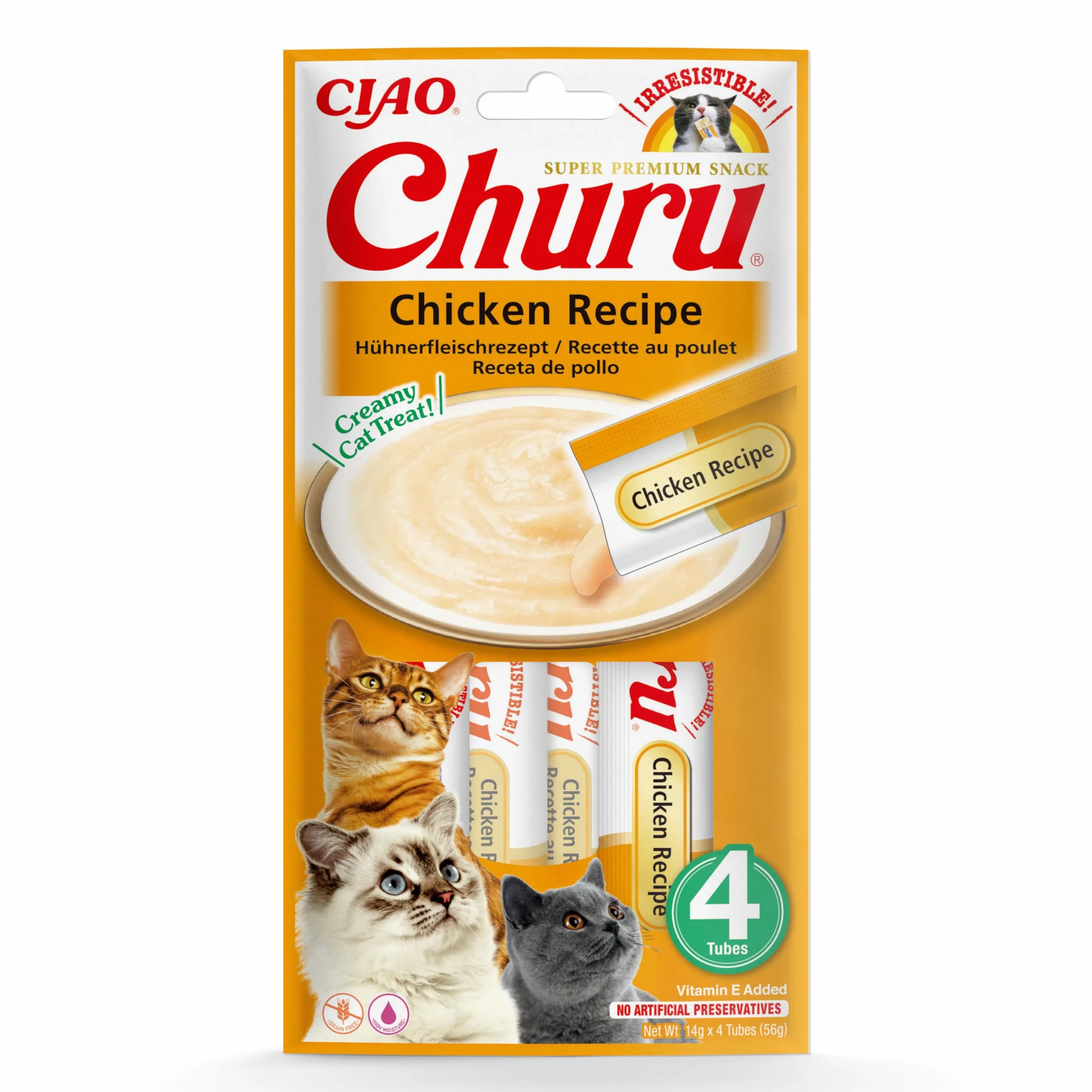 INABA Churu Gatos - Receta de Pollo - Snacks Saludables - Premios con Textura Cremosa - Sin Cereales, Sin Conservantes, Sin Colorantes - Sólo 6 Cal - 56g (4x14g)