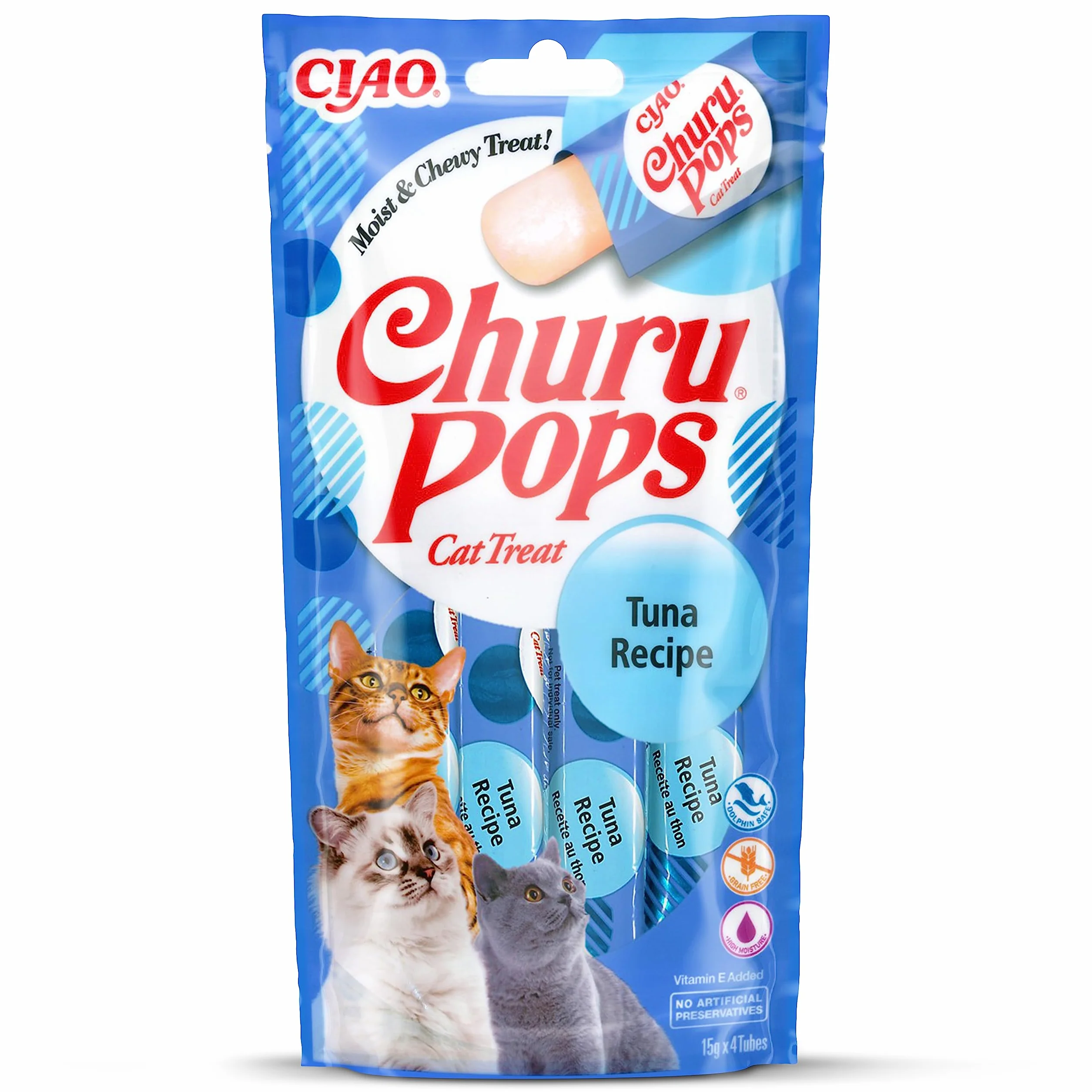 INABA Churu Pops Gatos - Deliciosos Snacks con Sabor a Atún - Golosinas en prácticas porciones - Saludables, sin Conservantes ni Colorantes Artificiales - Pack de 60g (4 x 15g)