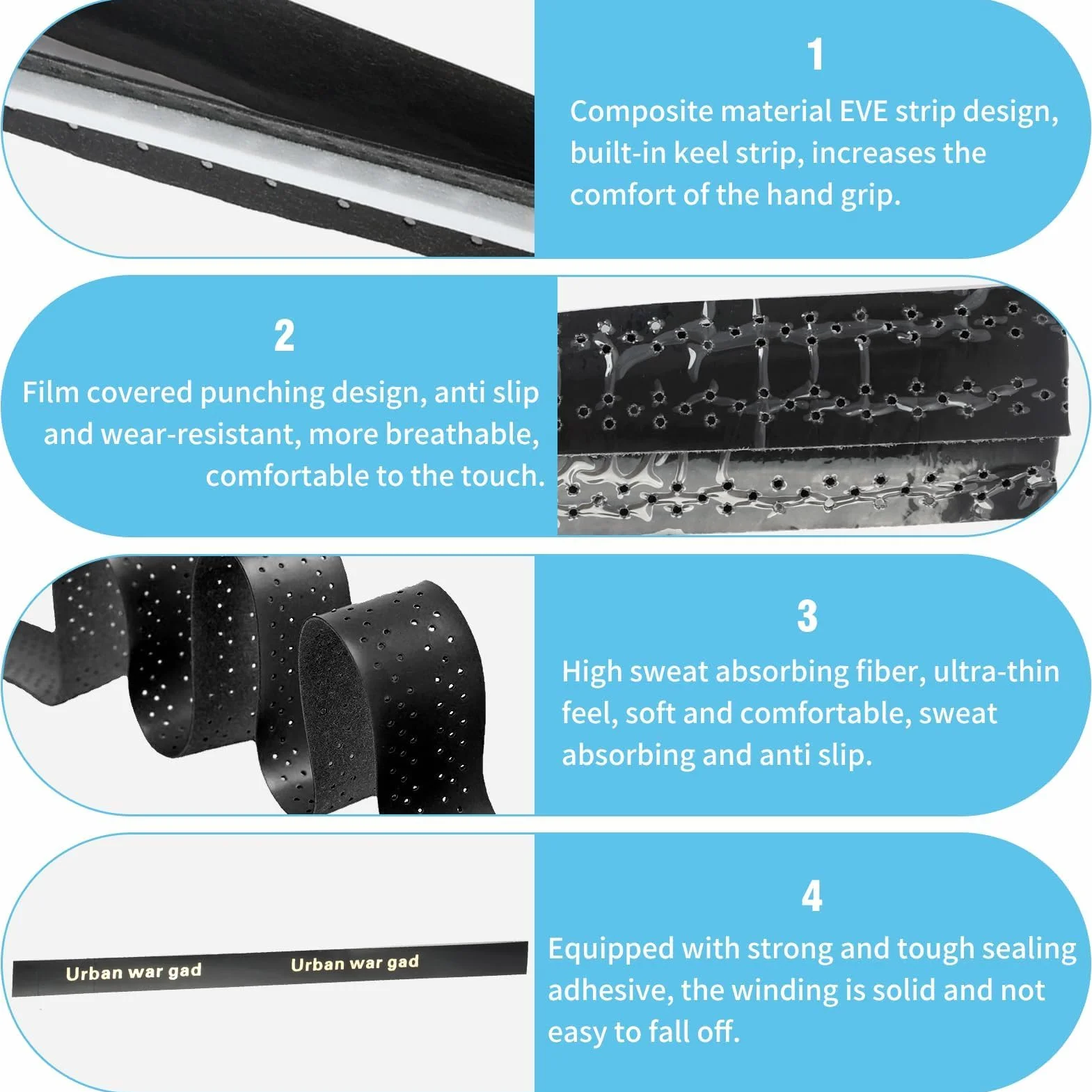 Overgrips Antideslizantes para Raquetas, Negros Perforados, Absorción Sudor, 5 Unidades