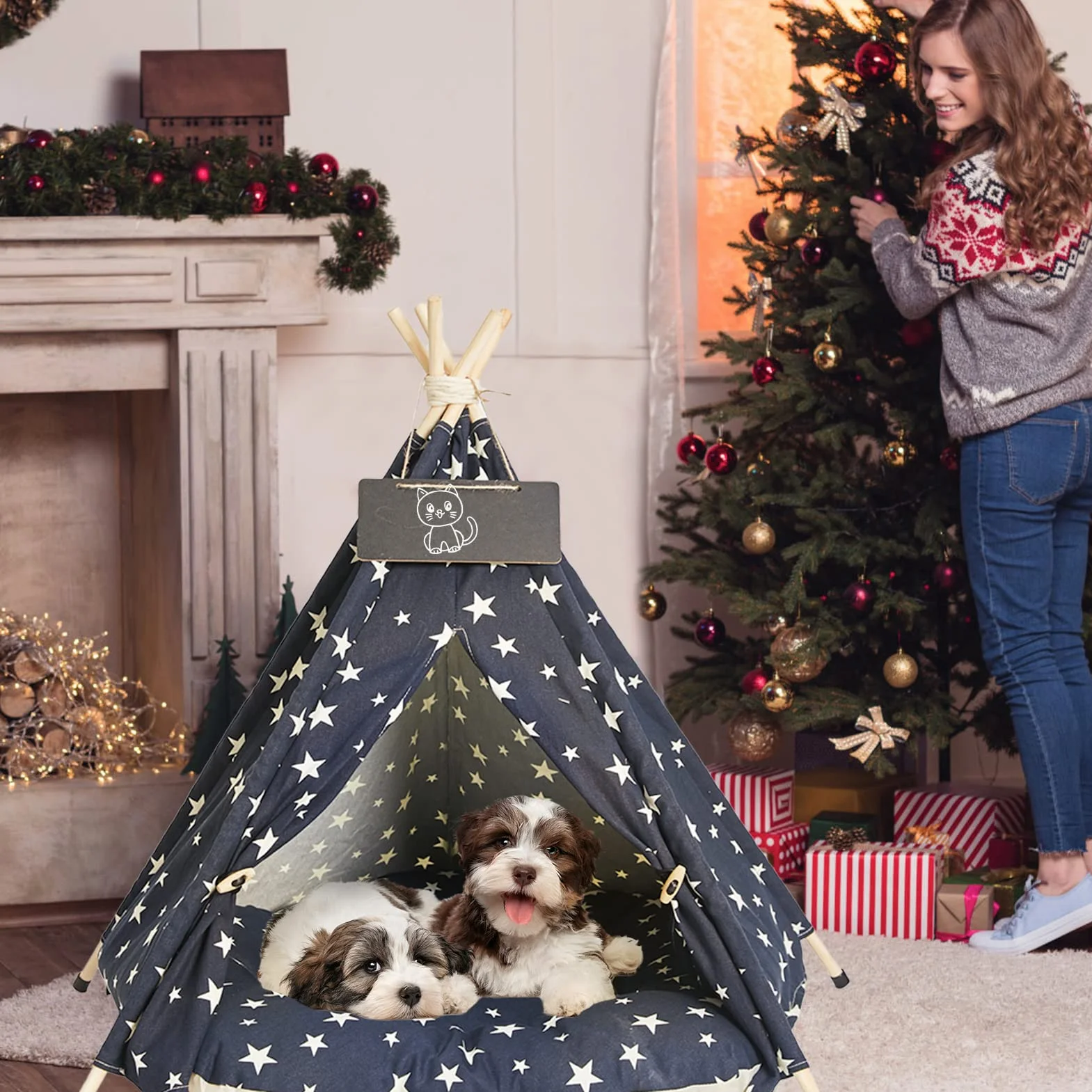 Tienda de Campaña Teepee-61cm Portátil Interior Perro Teepee Cama con Cojín Grueso, Lavable Azul Marino Estrellas Patrón Teepee Tienda Casa para Cachorro y Gato