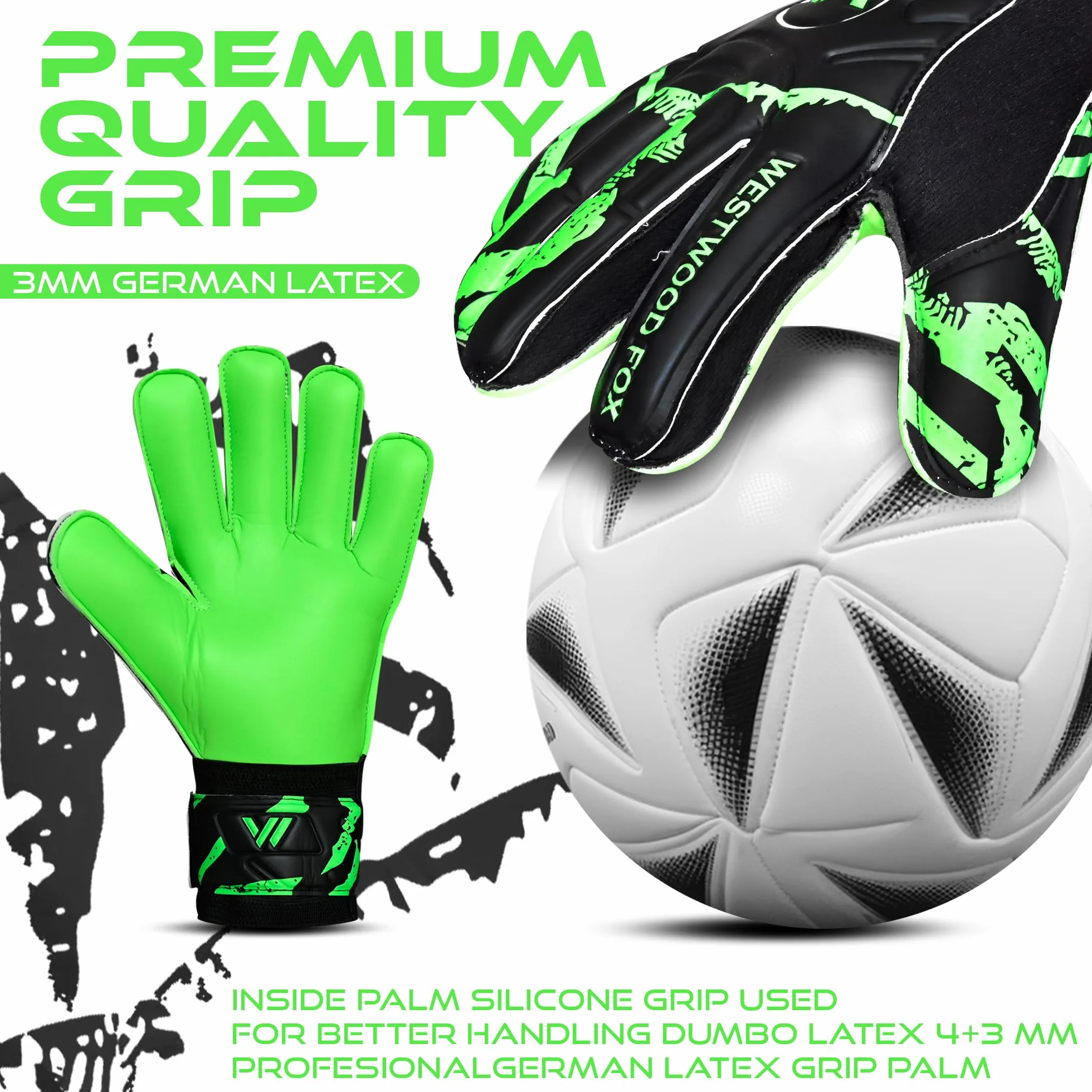 WESTWOOD FOX Guantes de portero fútbol protección dedos agarre pesado palma látex 4+3 mm soporte muñeca
