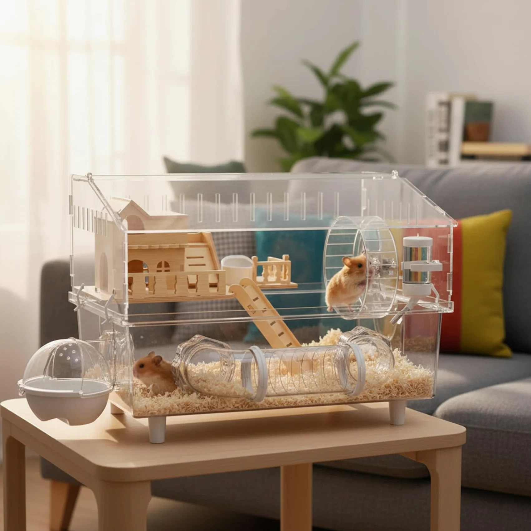 Jaula para hámster, Espacioso hábitat de hámster acrílico Transparente con Loft de Madera, diseño a Prueba de Escapes para hámsteres y Ratones.